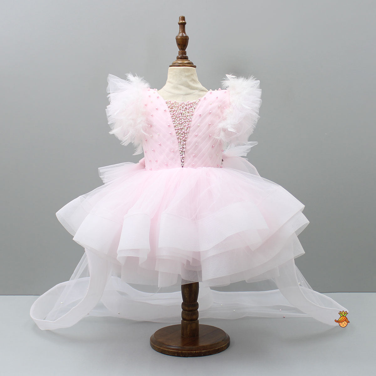 Pleated Yoke Cut-Out Back Pink Dress With Detachable Trail And Matching Headband