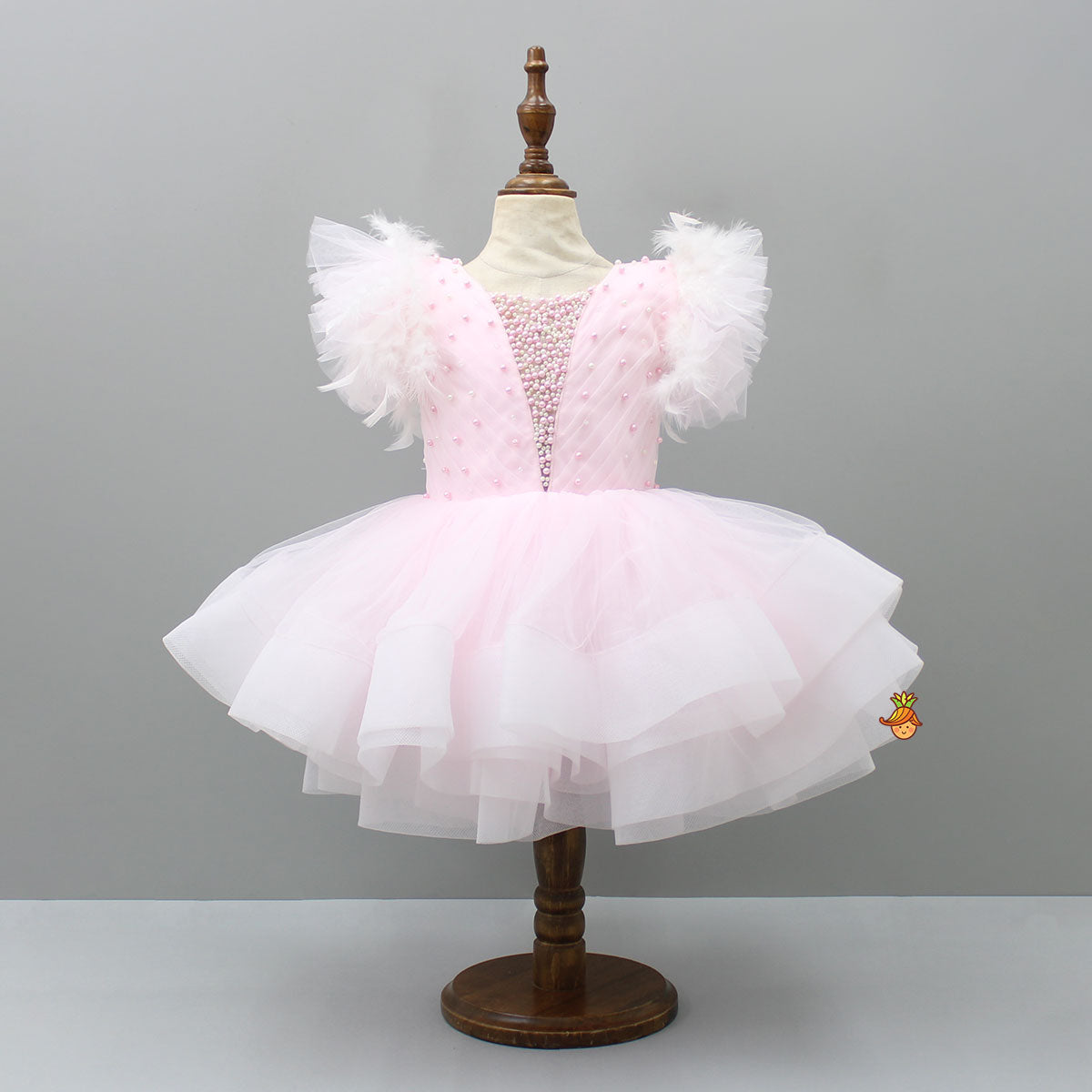 Pleated Yoke Cut-Out Back Pink Dress With Detachable Trail And Matching Headband