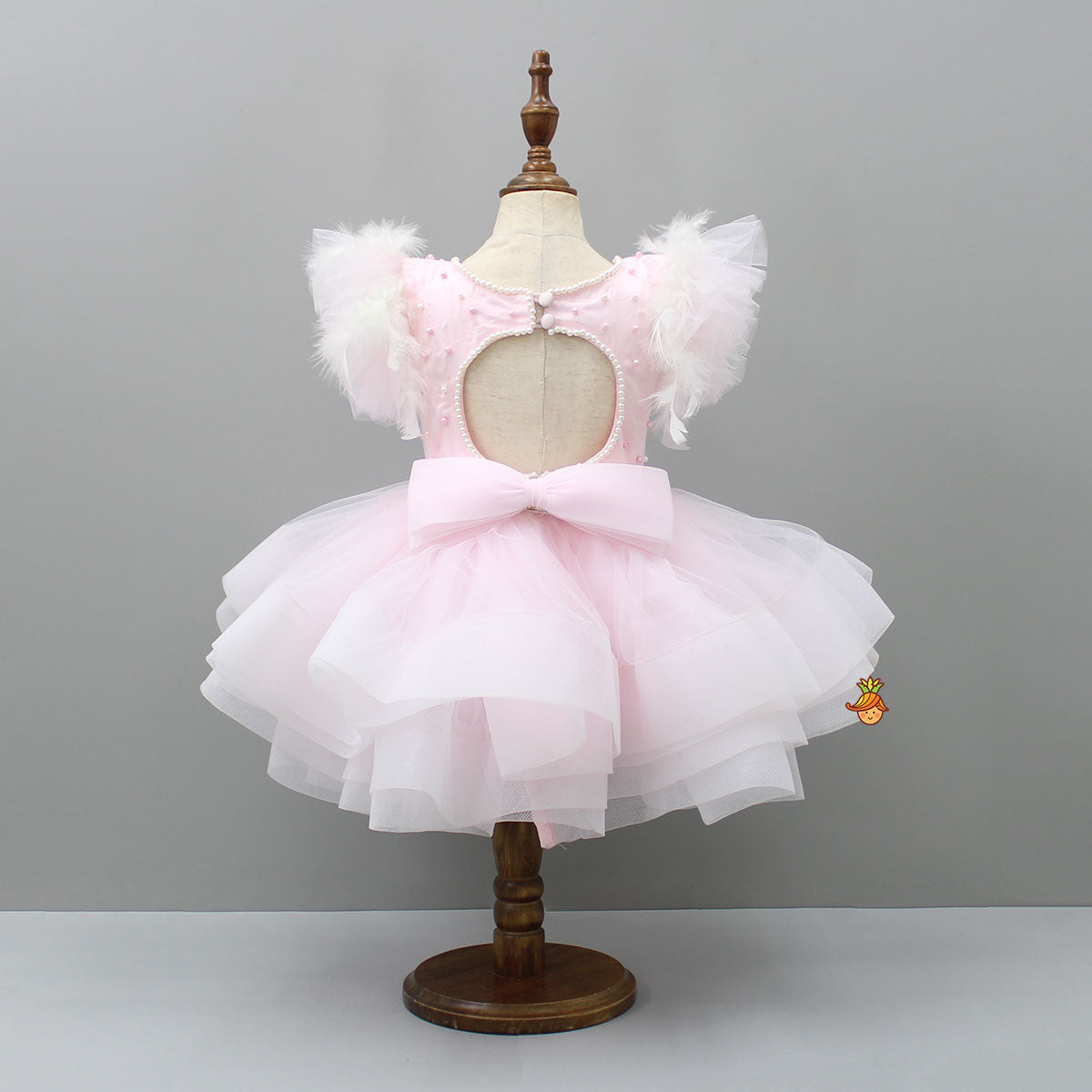 Pleated Yoke Cut-Out Back Pink Dress With Detachable Trail And Matching Headband