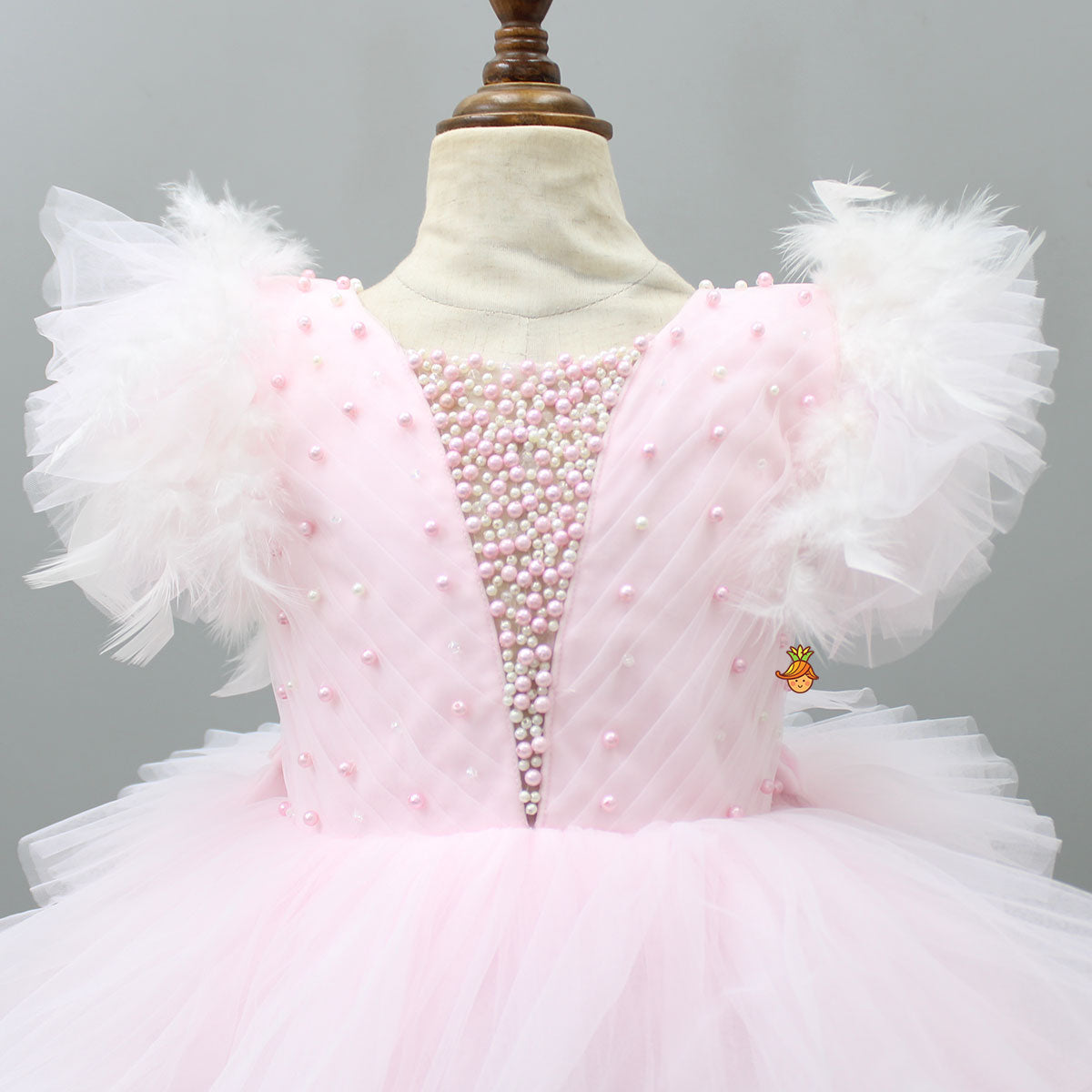 Pleated Yoke Cut-Out Back Pink Dress With Detachable Trail And Matching Headband