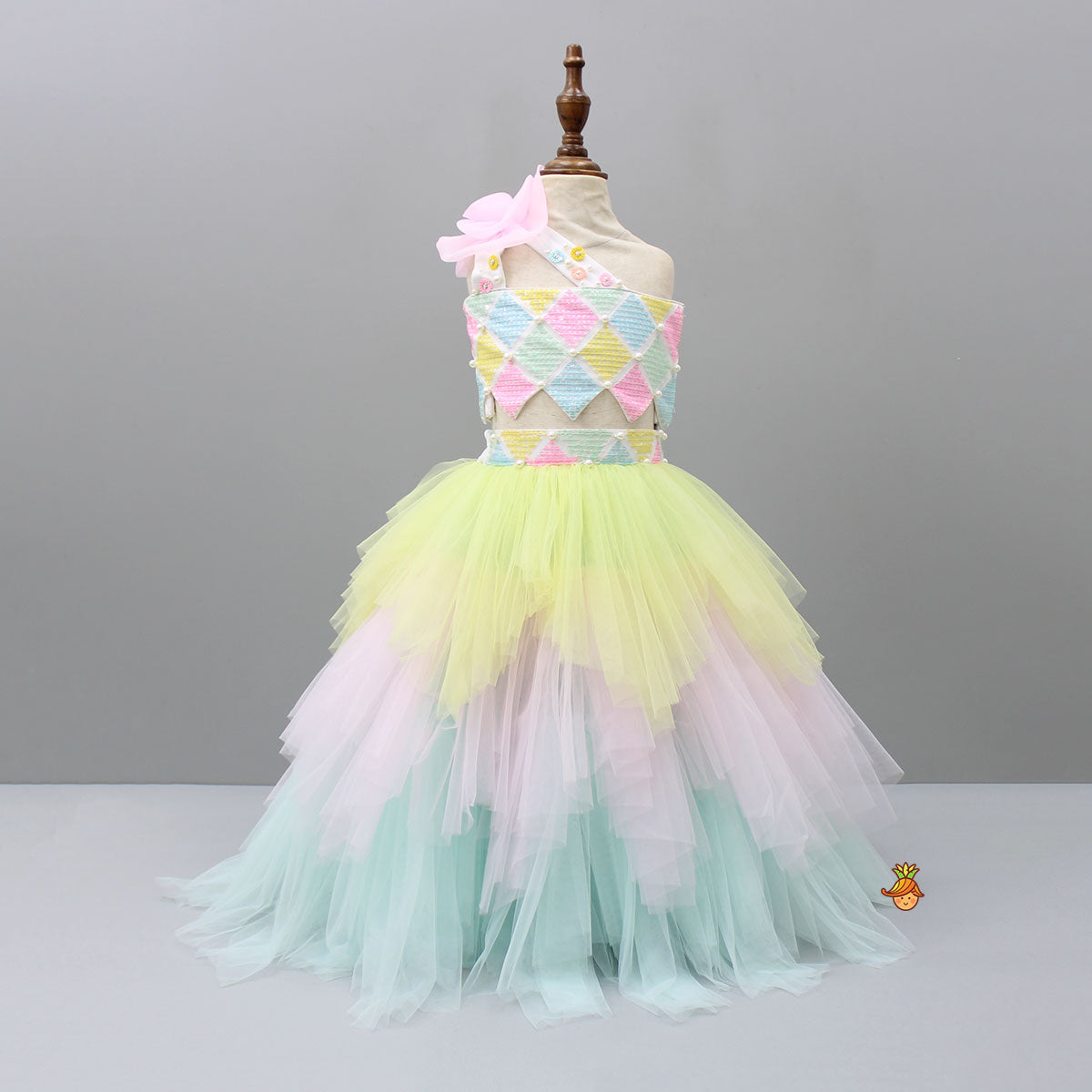 Multicolour Sequined Top And Layered Net Lehenga
