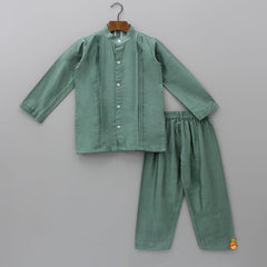 Pre Order: Pin Tuck Green Kurta With Embroidered Jacket And Pyjama