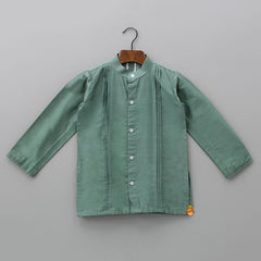 Pre Order: Pin Tuck Green Kurta With Embroidered Jacket And Pyjama