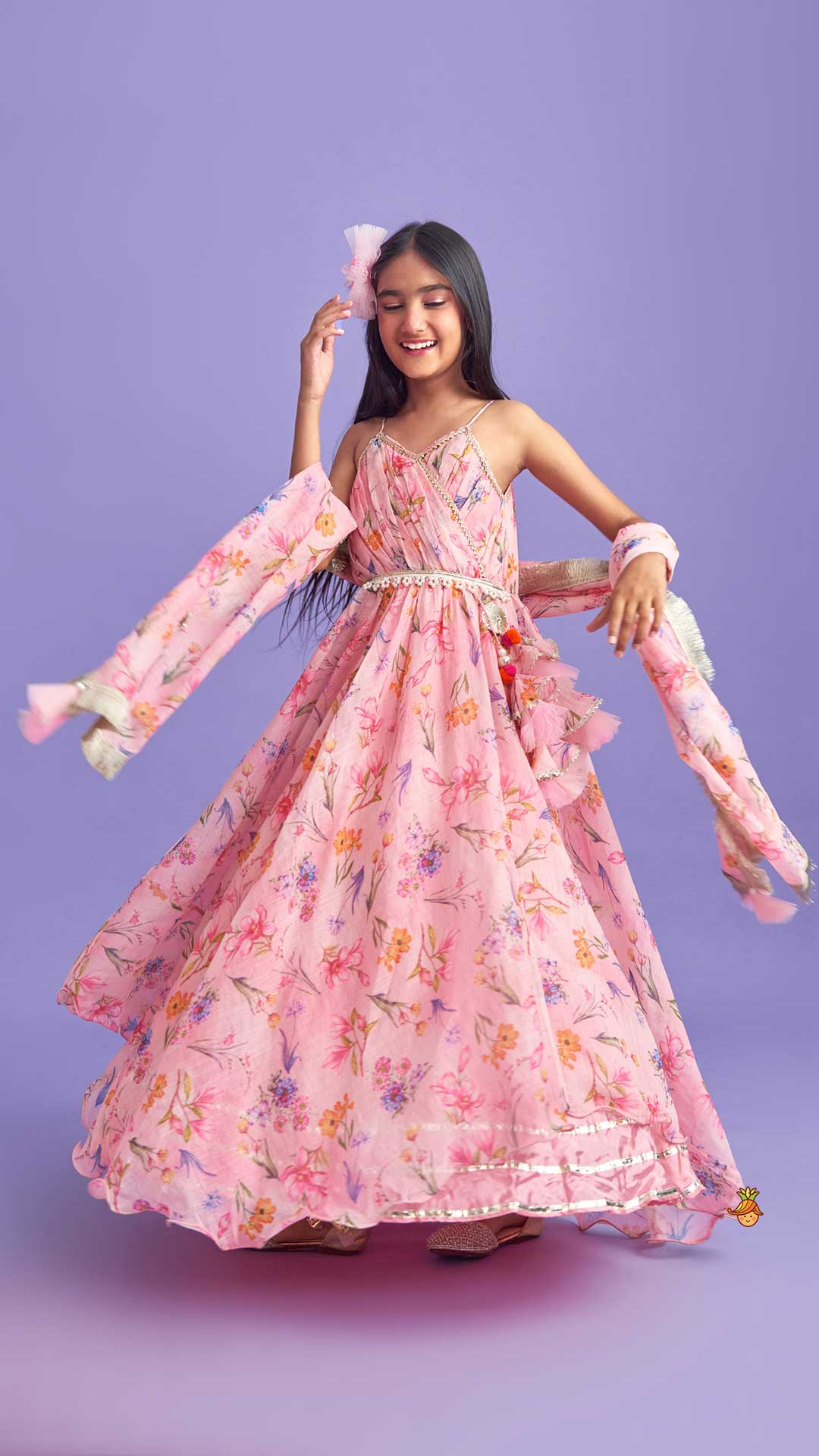 Pleated Yoke Pink Asymmetric Anarkali And Fringed Dupatta