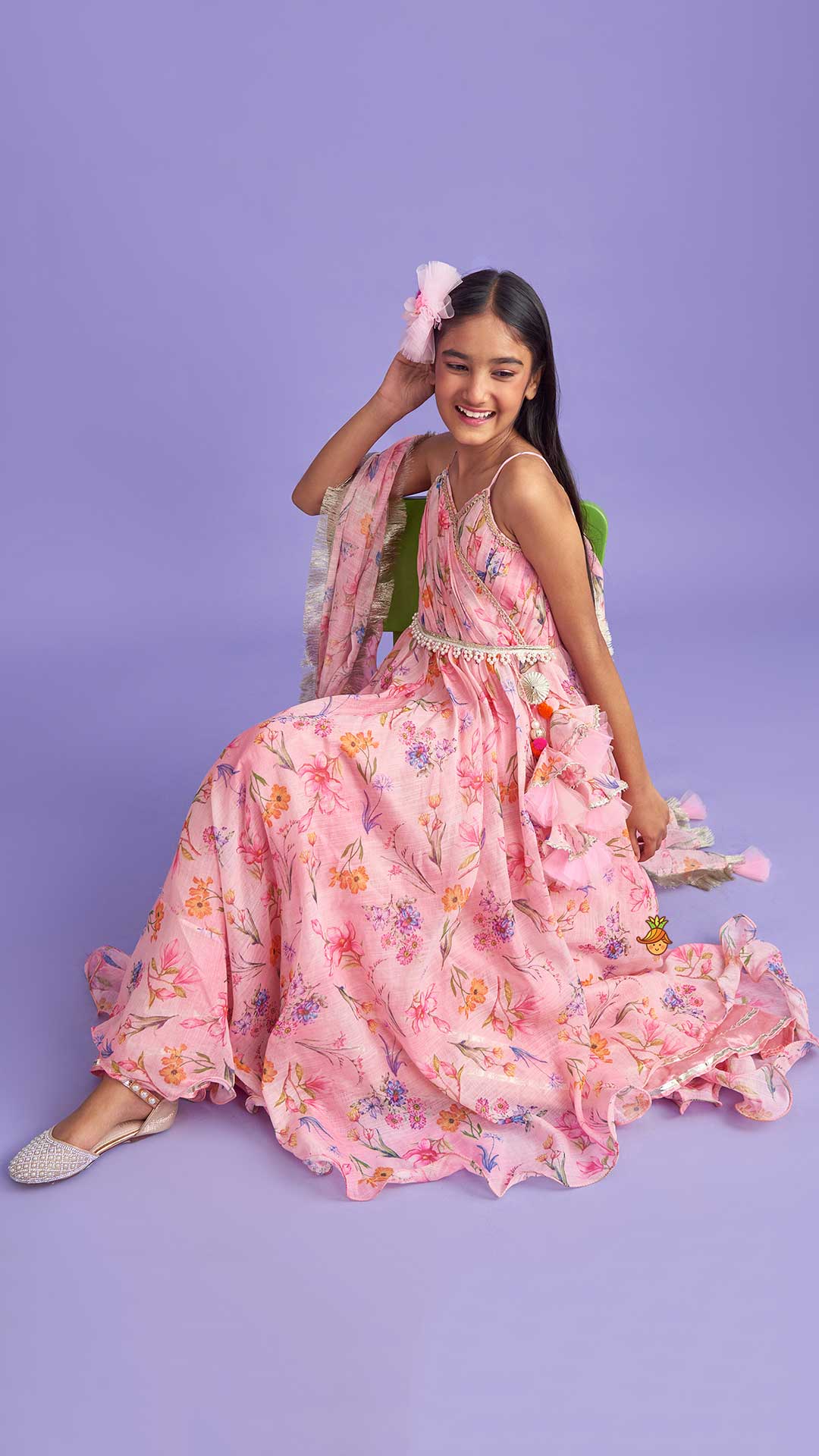 Pleated Yoke Pink Asymmetric Anarkali And Fringed Dupatta