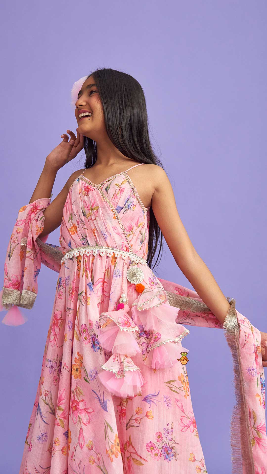 Pleated Yoke Pink Asymmetric Anarkali And Fringed Dupatta
