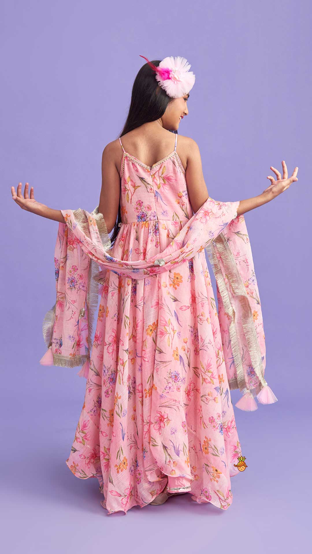 Pleated Yoke Pink Asymmetric Anarkali And Fringed Dupatta
