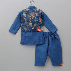 Pre Order: Blue Kurta With Flowers And Bird Printed Front Open Jacket And Pyjama