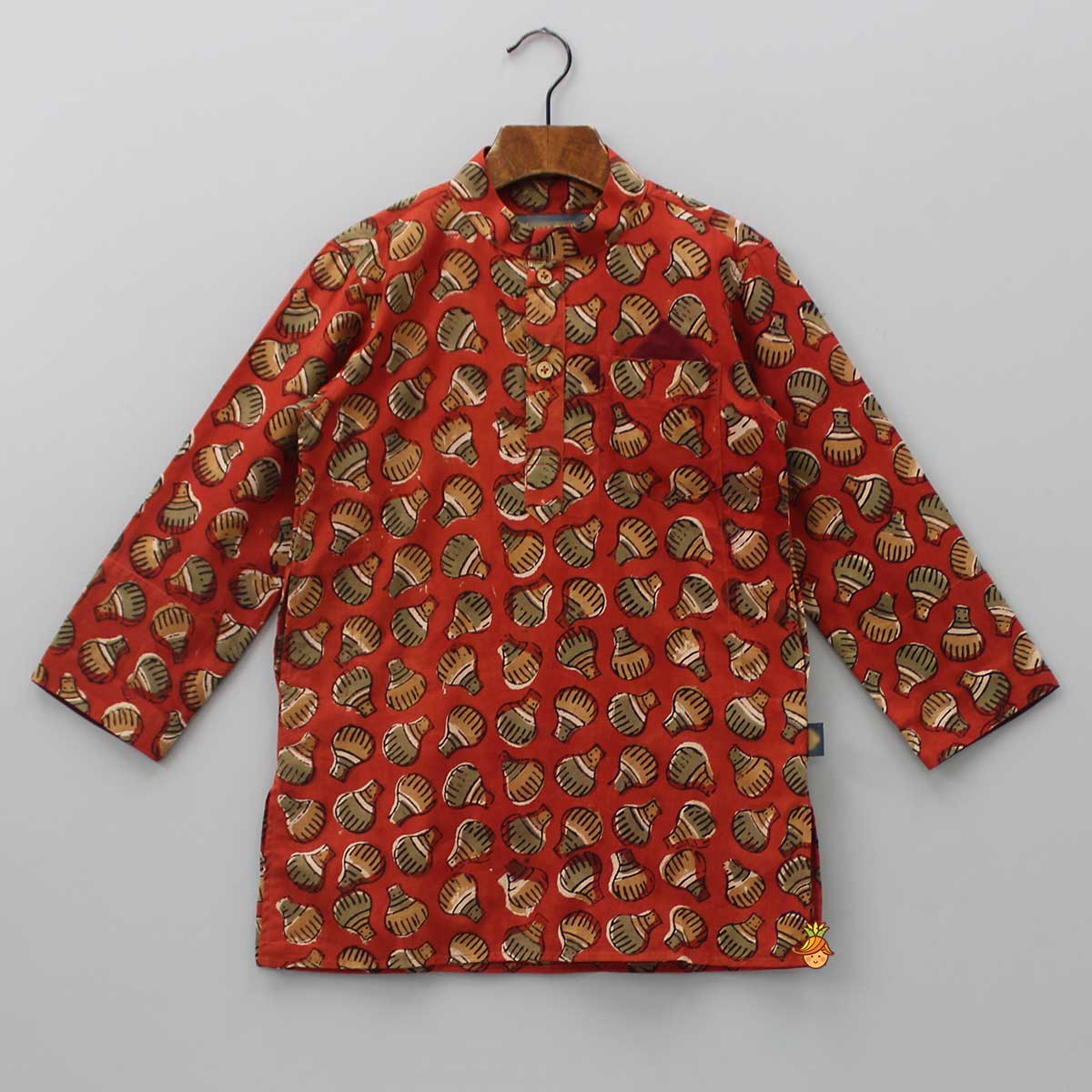 Patch Pocket Detail Hand Block Printed Red Ochre Kurta