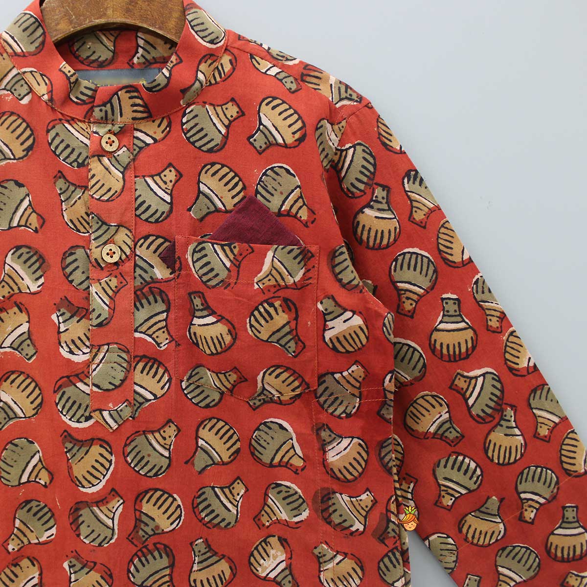 Patch Pocket Detail Hand Block Printed Red Ochre Kurta