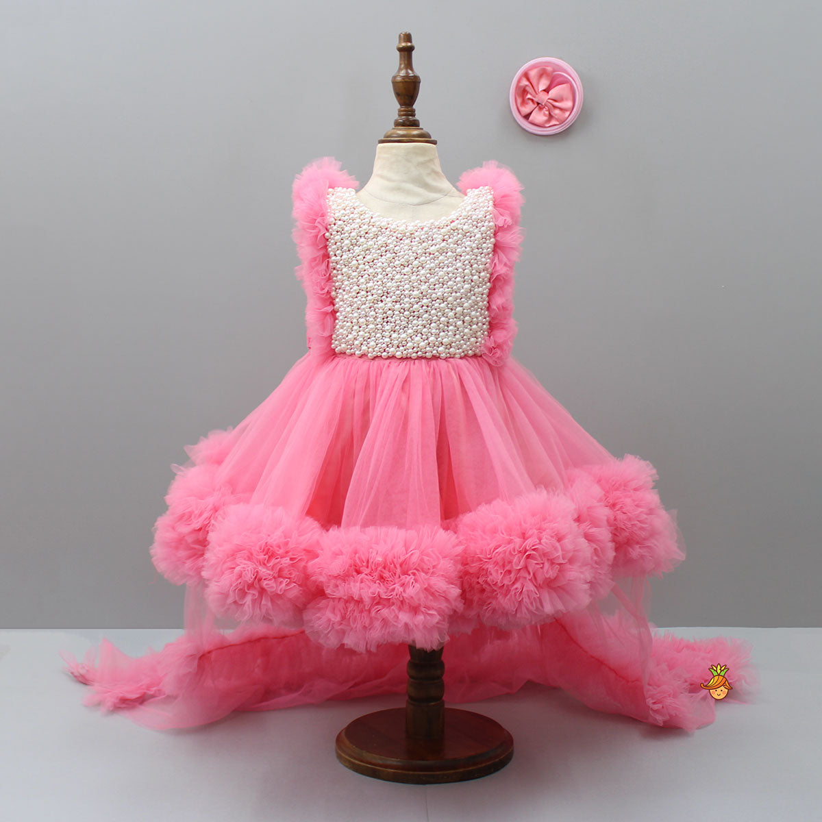 Pre Order: Embroidered Yoke Ruffle Hem Pink Dress With Detachable Trail And Matching Hair Clip