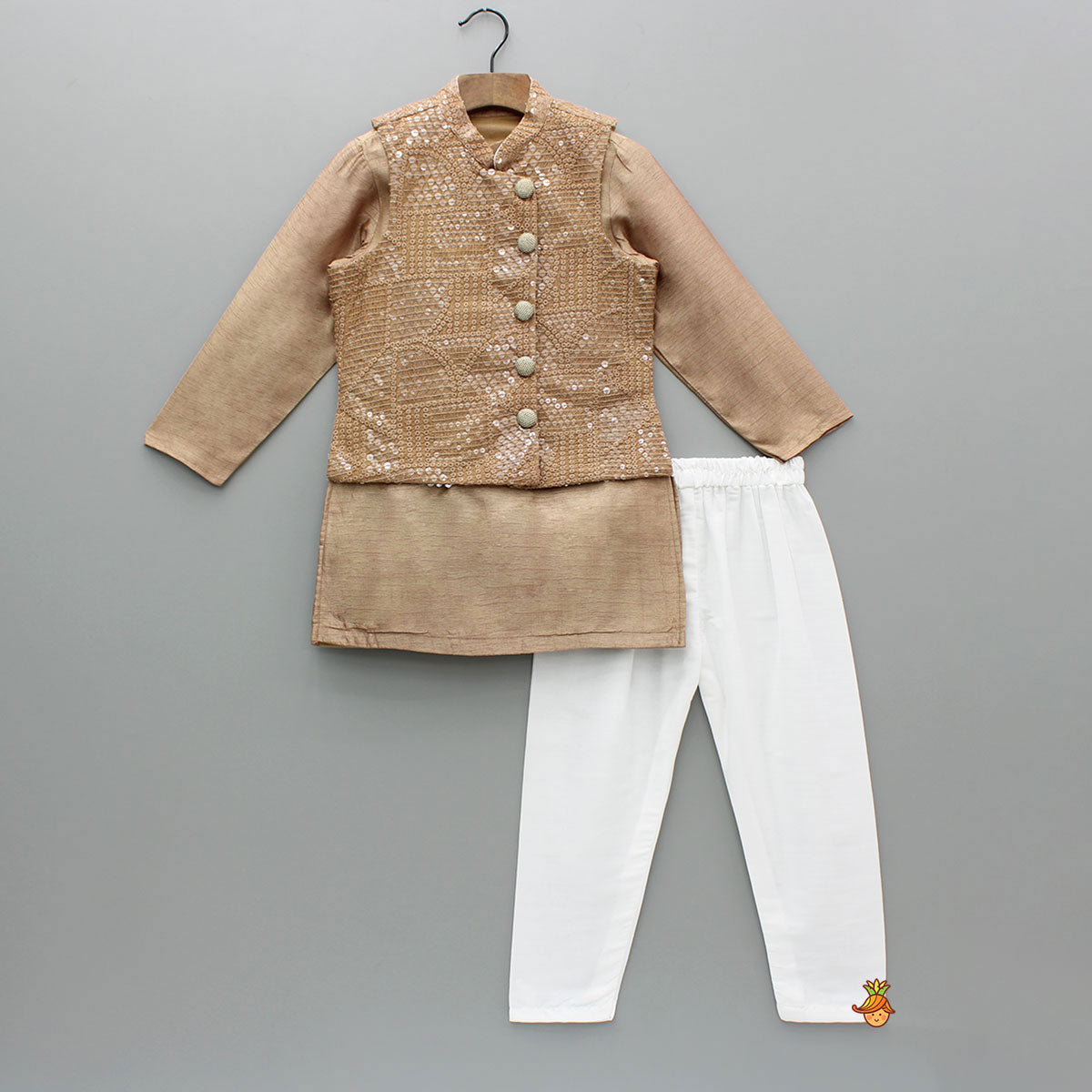 Brown Ethnic Kurta With Embroidered Jacket And Pyjama