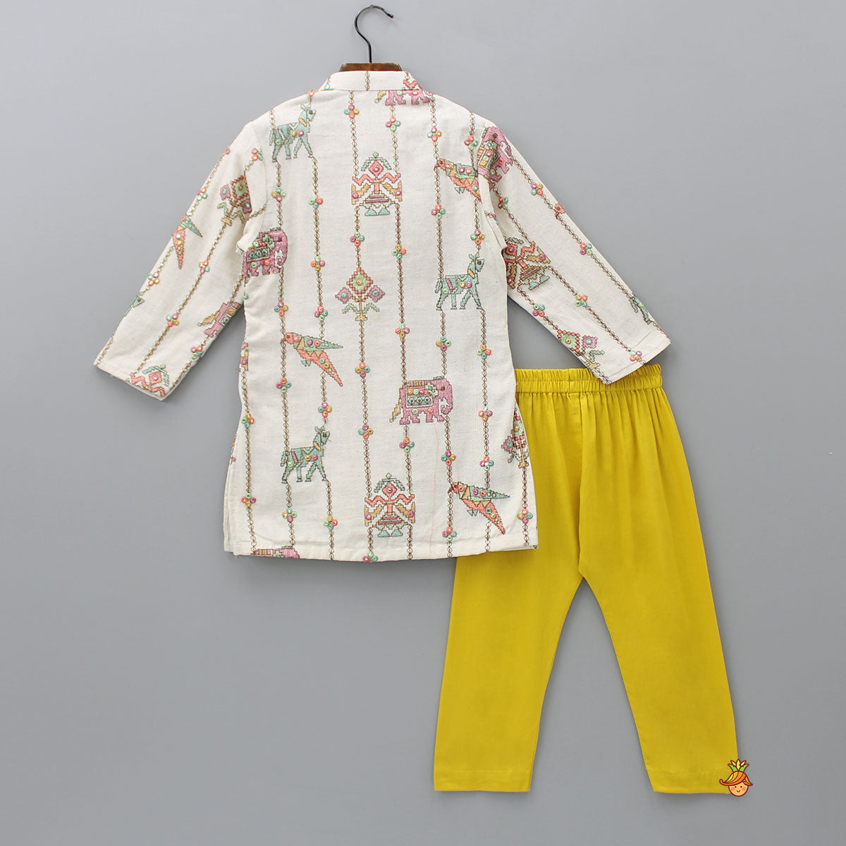 Patch Pocket Detail Embroidered Kurta And Mustard Pyjama