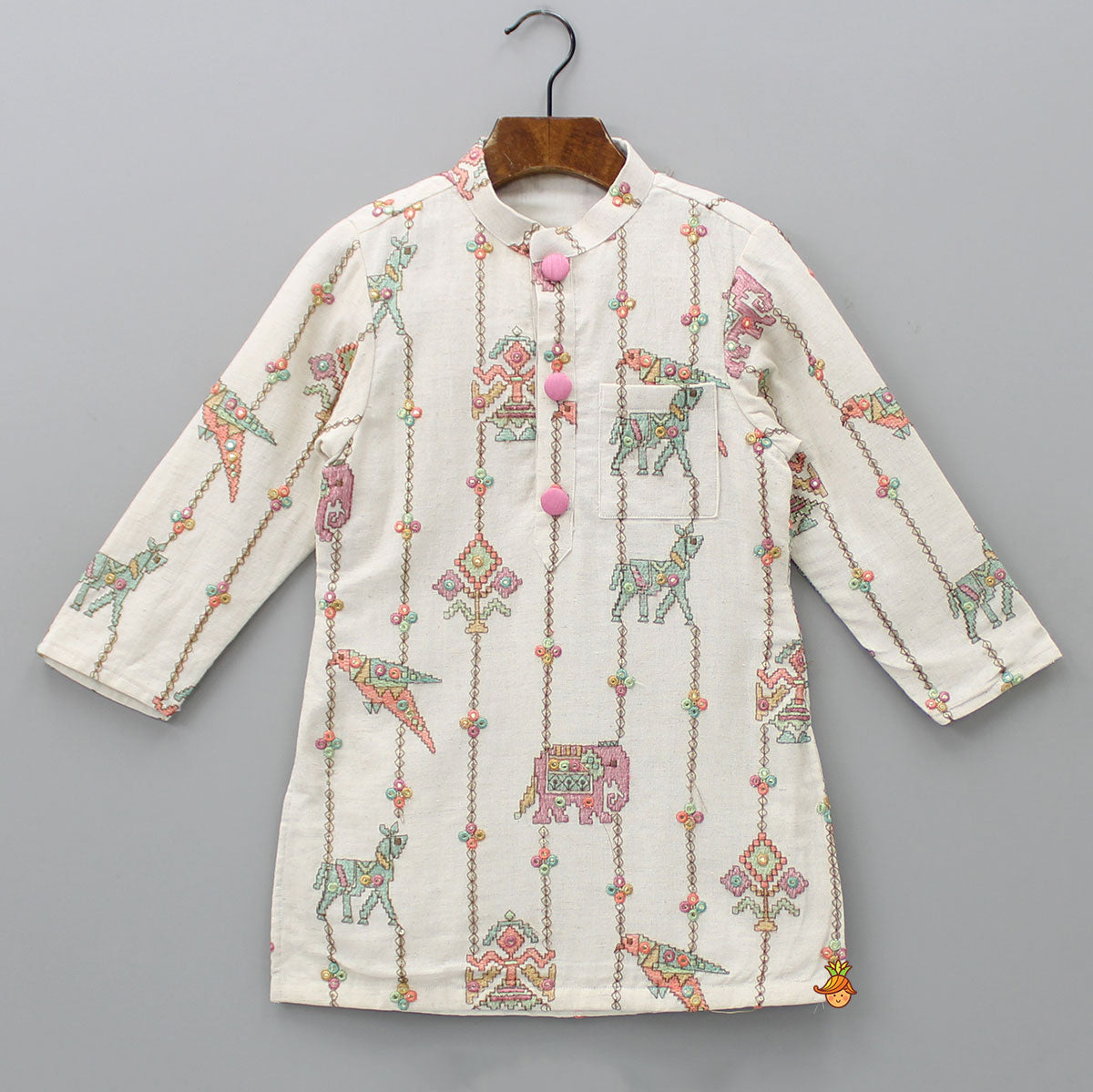 Patch Pocket Detail Embroidered Kurta And Mustard Pyjama