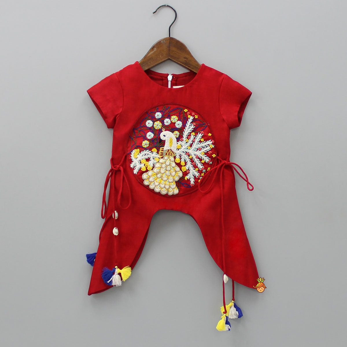 Peacock Embroidered Side Knot Detail Stylish Red Top And Layered Cream Sharara