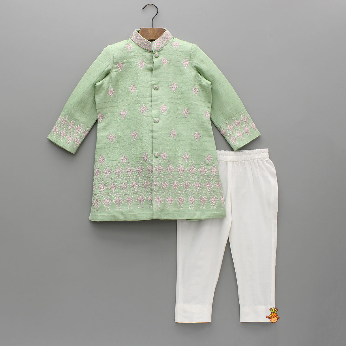 Green Zari And Thread Embroidered Sherwani With Pyjama