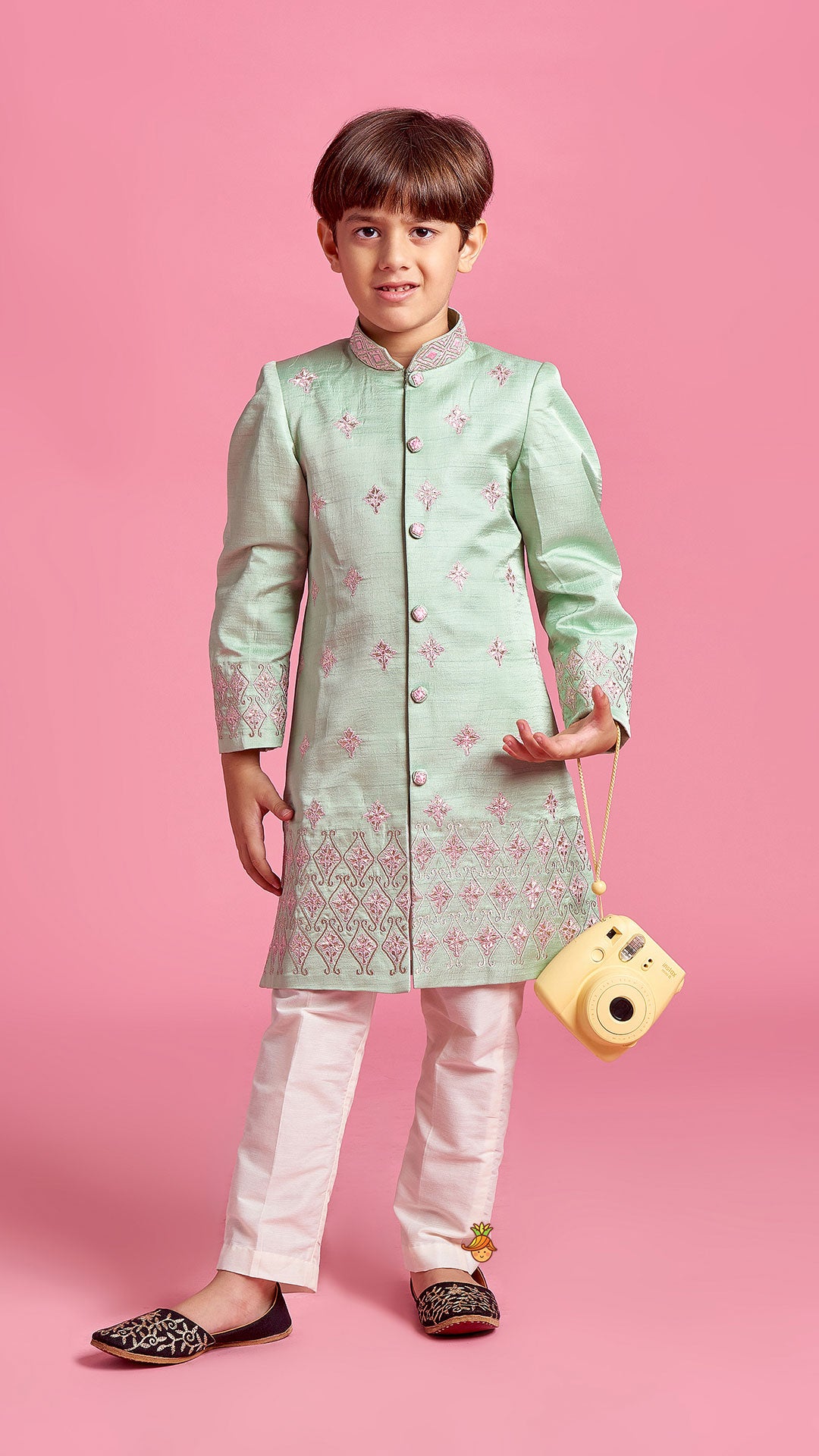 Green Zari And Thread Embroidered Sherwani With Pyjama