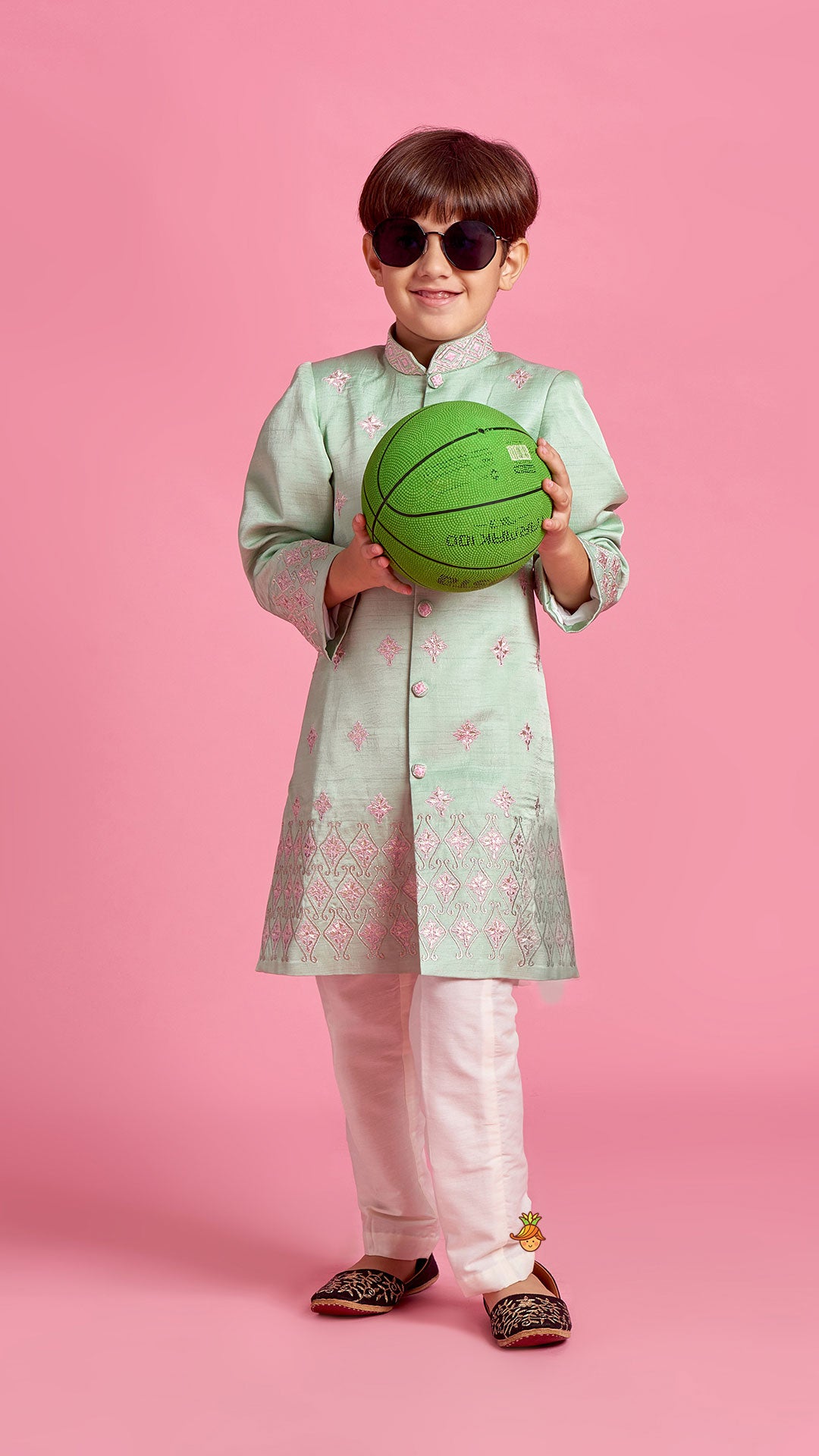 Green Zari And Thread Embroidered Sherwani With Pyjama