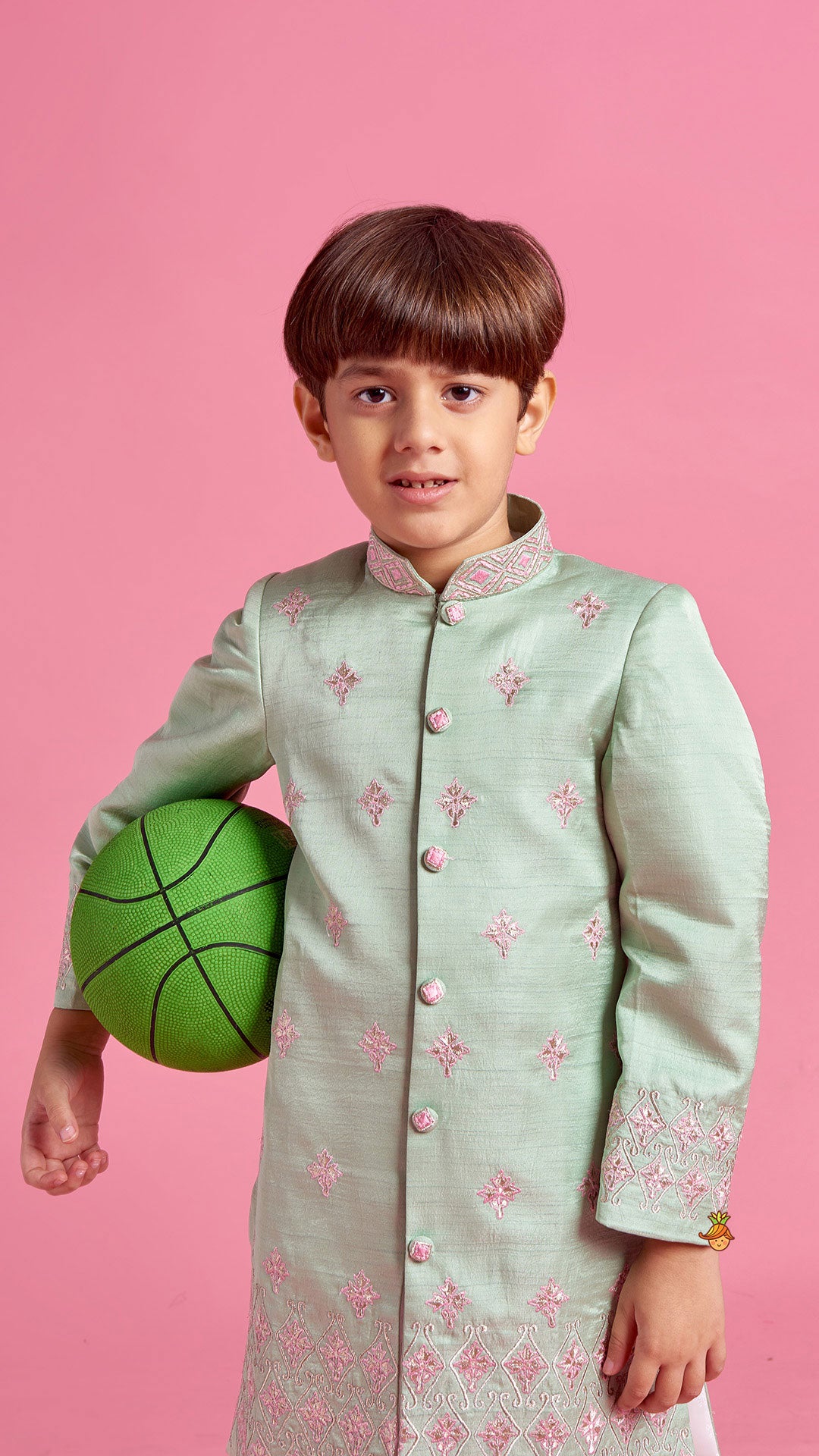 Green Zari And Thread Embroidered Sherwani With Pyjama