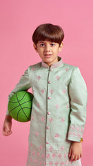 Pre Order: Green Zari And Thread Embroidered Sherwani With Pyjama