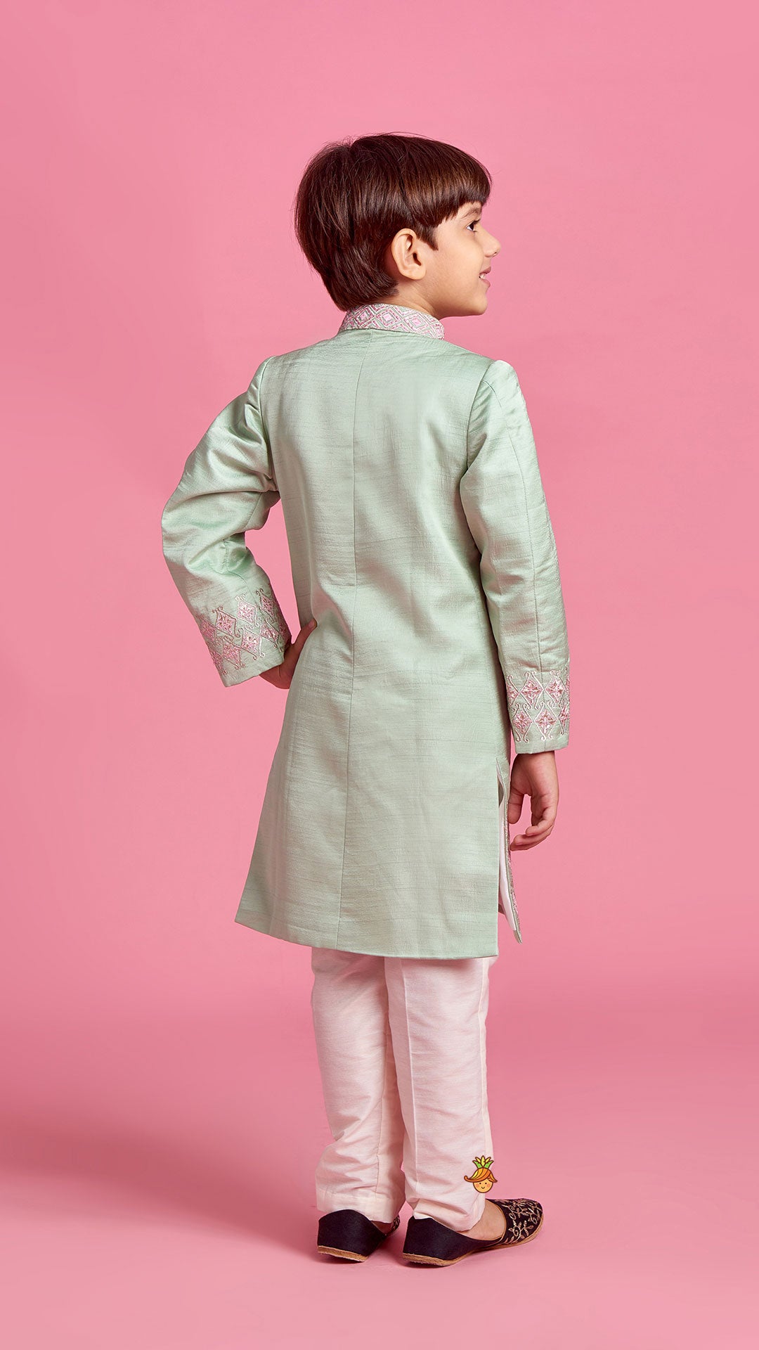 Green Zari And Thread Embroidered Sherwani With Pyjama