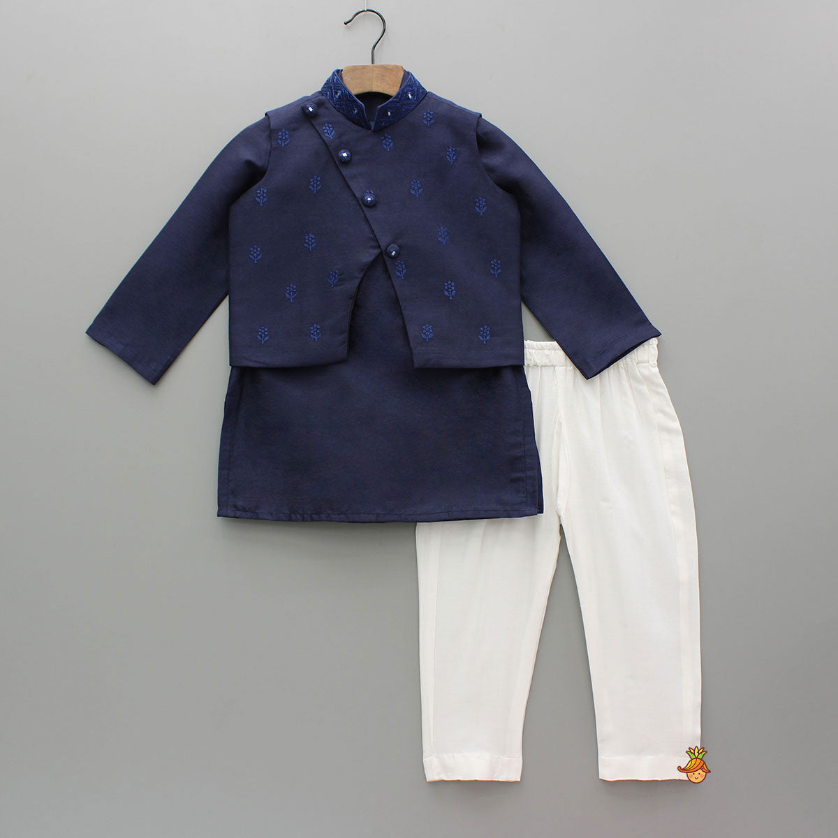 Blue Kurta With Diagonal Button Detail Jacket And Pyjama