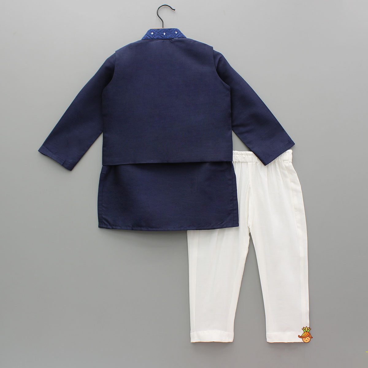 Blue Kurta With Diagonal Button Detail Jacket And Pyjama