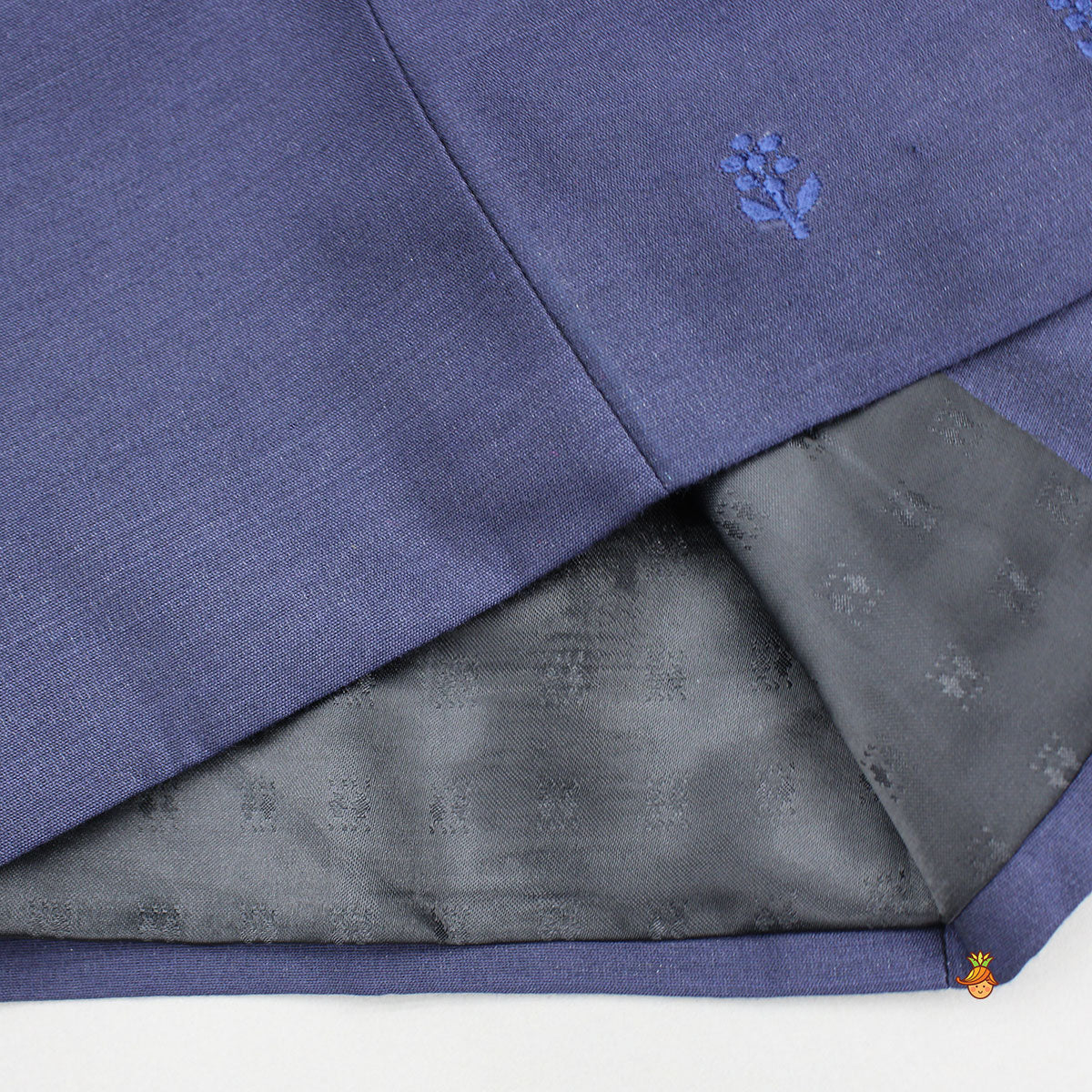 Blue Kurta With Diagonal Button Detail Jacket And Pyjama