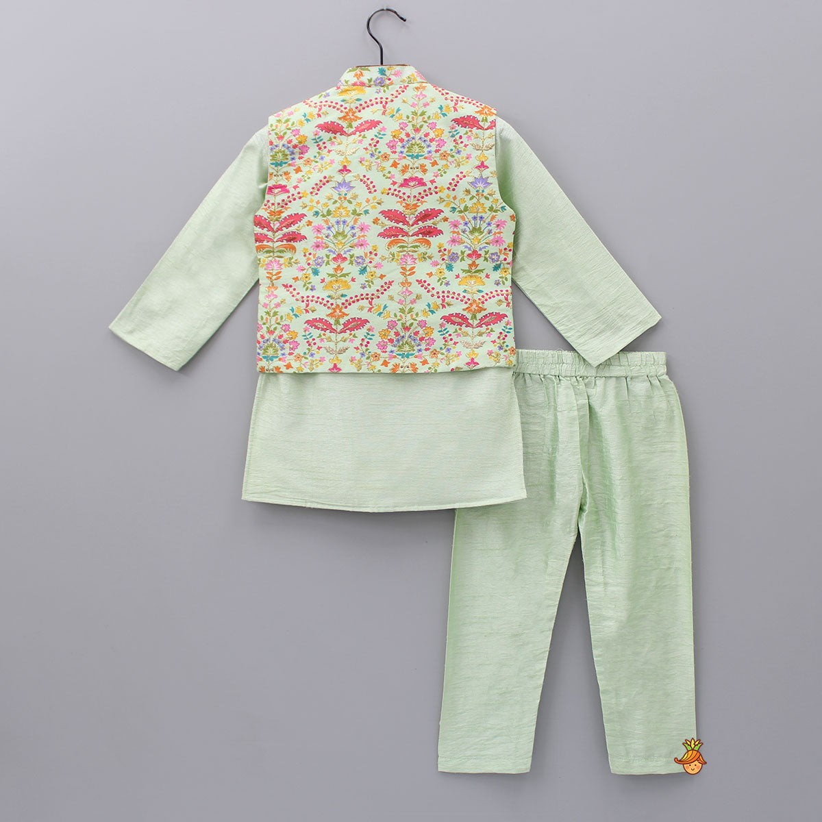 Floral Printed Thread Work Jacket With Green Kurta And Pyjama