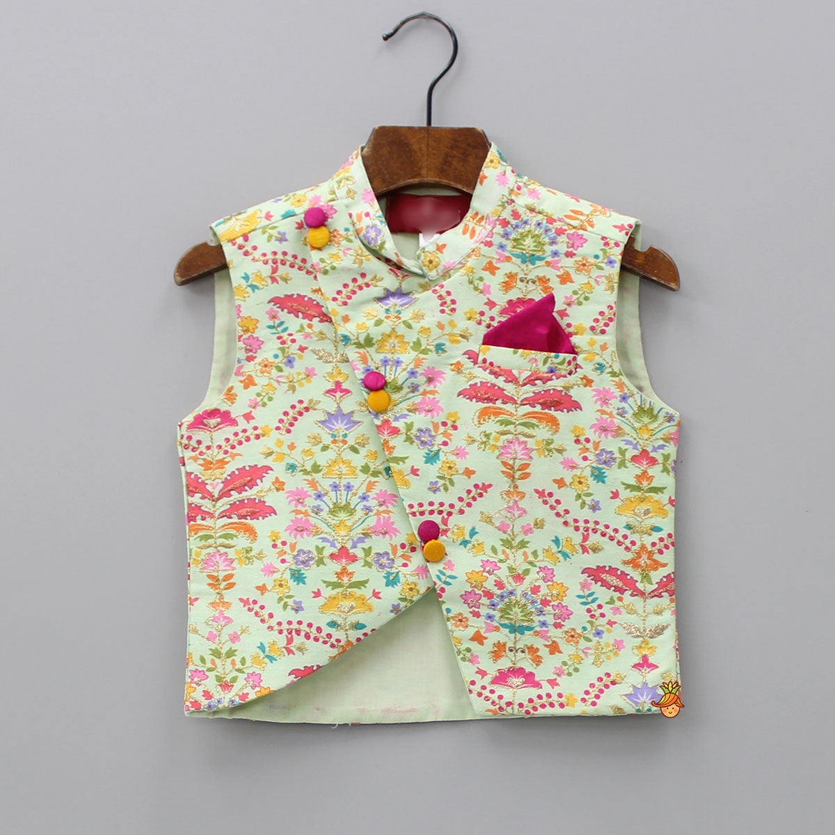 Floral Printed Thread Work Jacket With Green Kurta And Pyjama