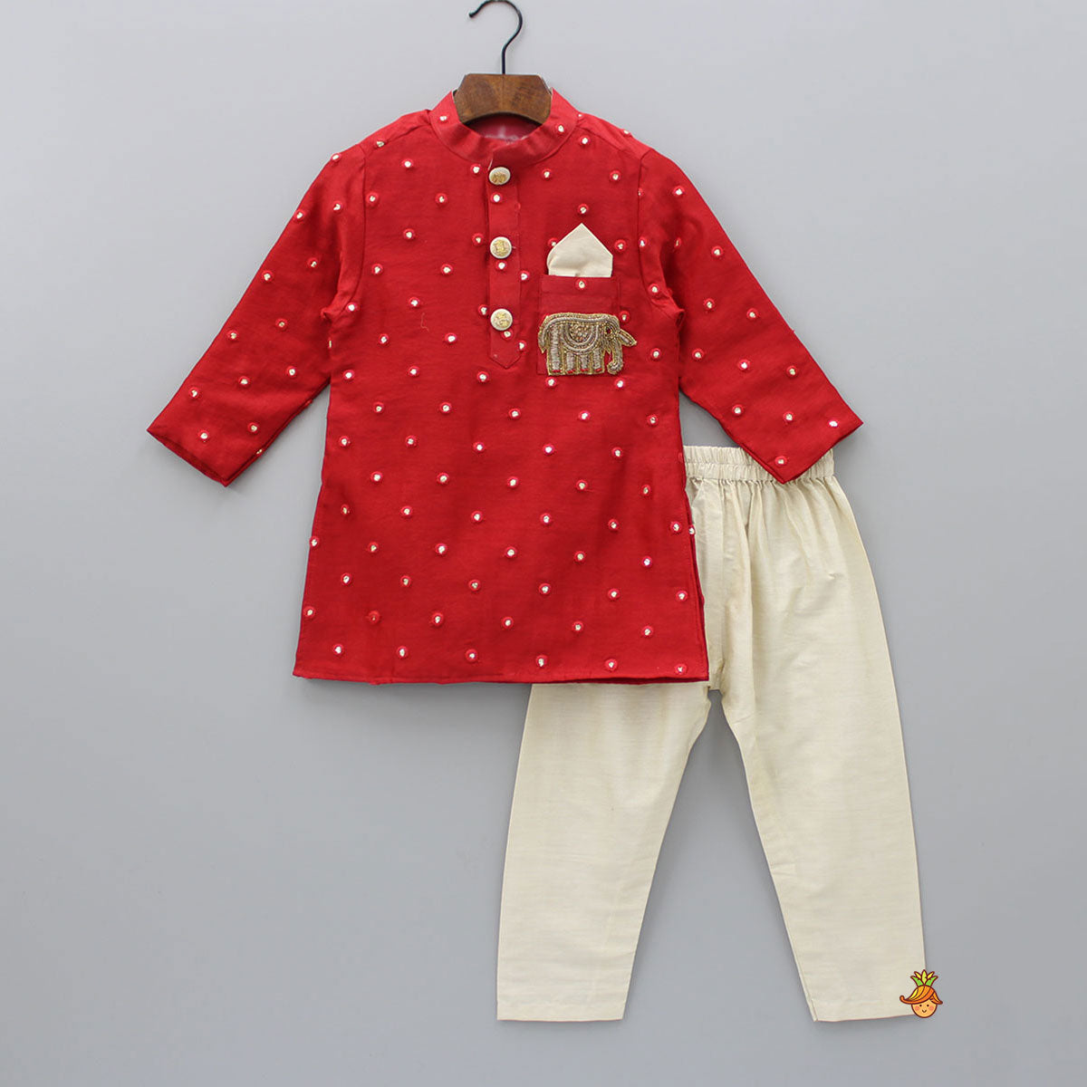 Pre Order: Red Abhla And Thread Work Kurta With Pyjama