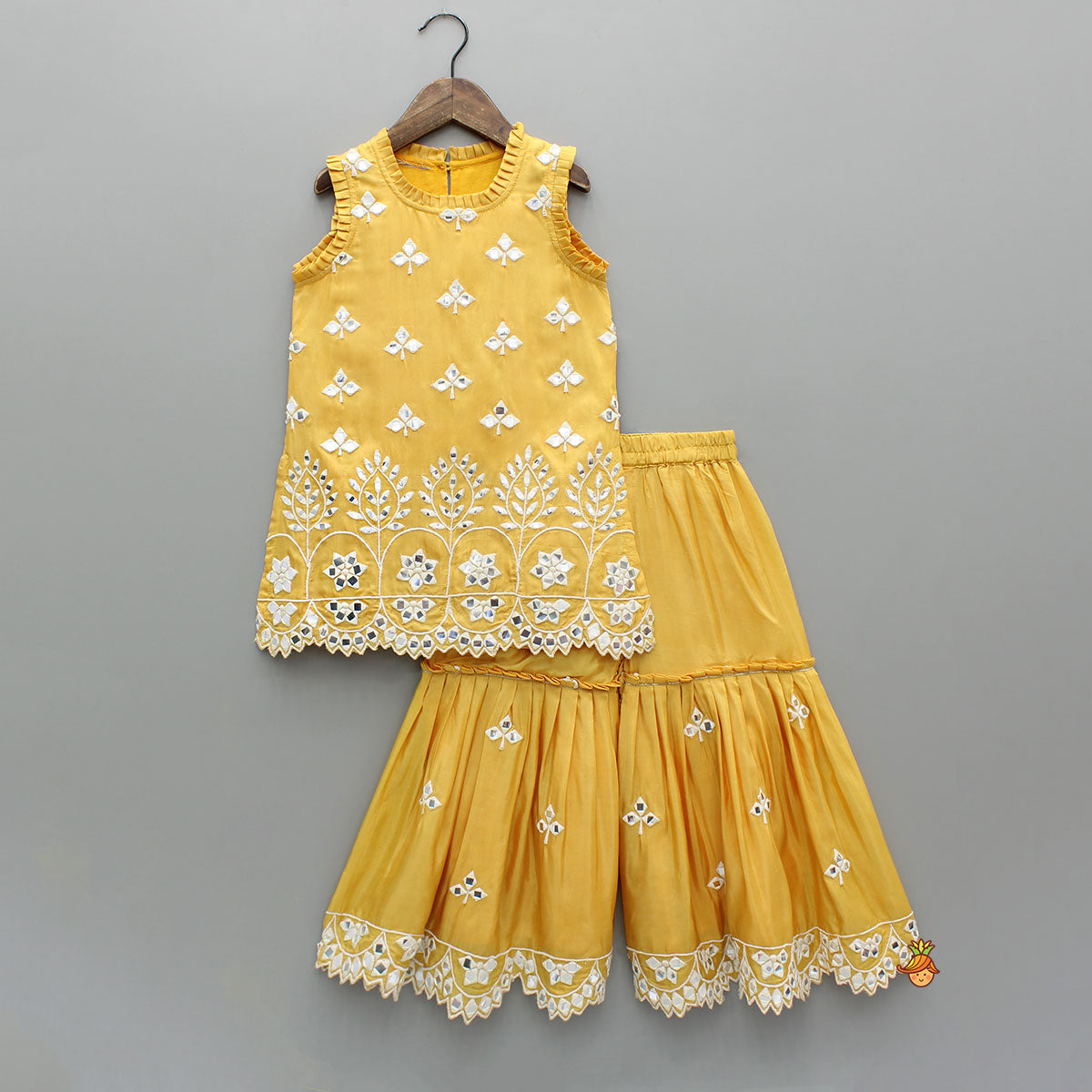 Beautiful Faux Mirror Work Kurti And Pleated Sharara