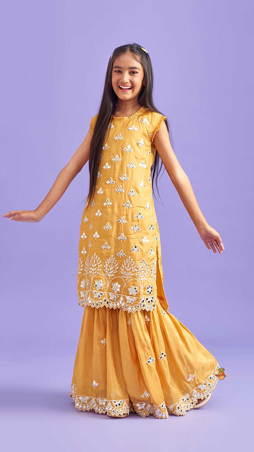 Beautiful Faux Mirror Work Kurti And Pleated Sharara