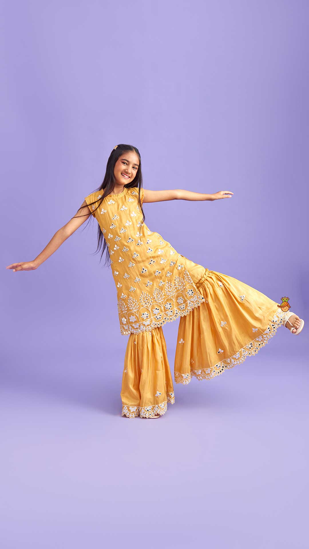 Beautiful Faux Mirror Work Kurti And Pleated Sharara