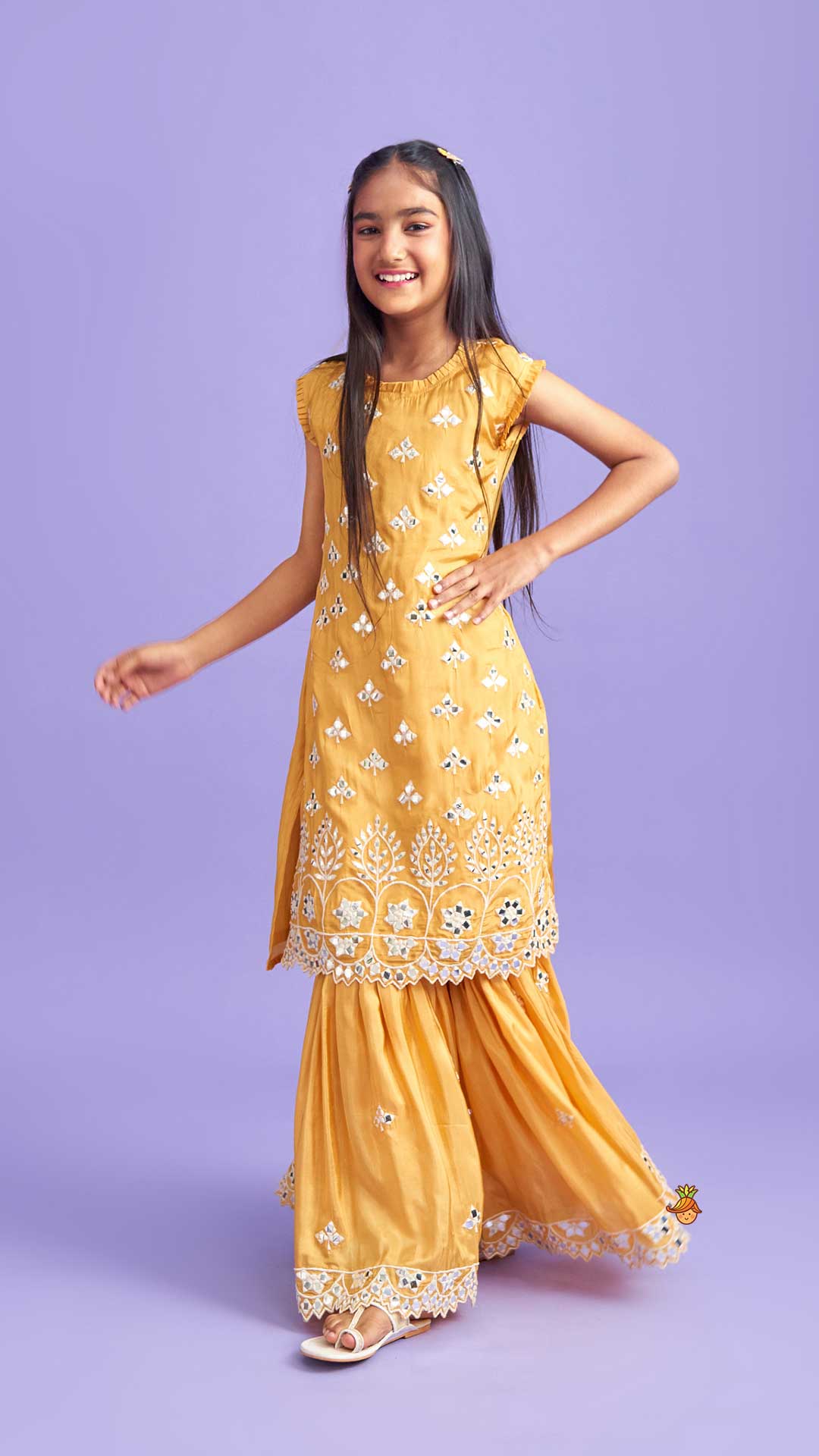 Beautiful Faux Mirror Work Kurti And Pleated Sharara