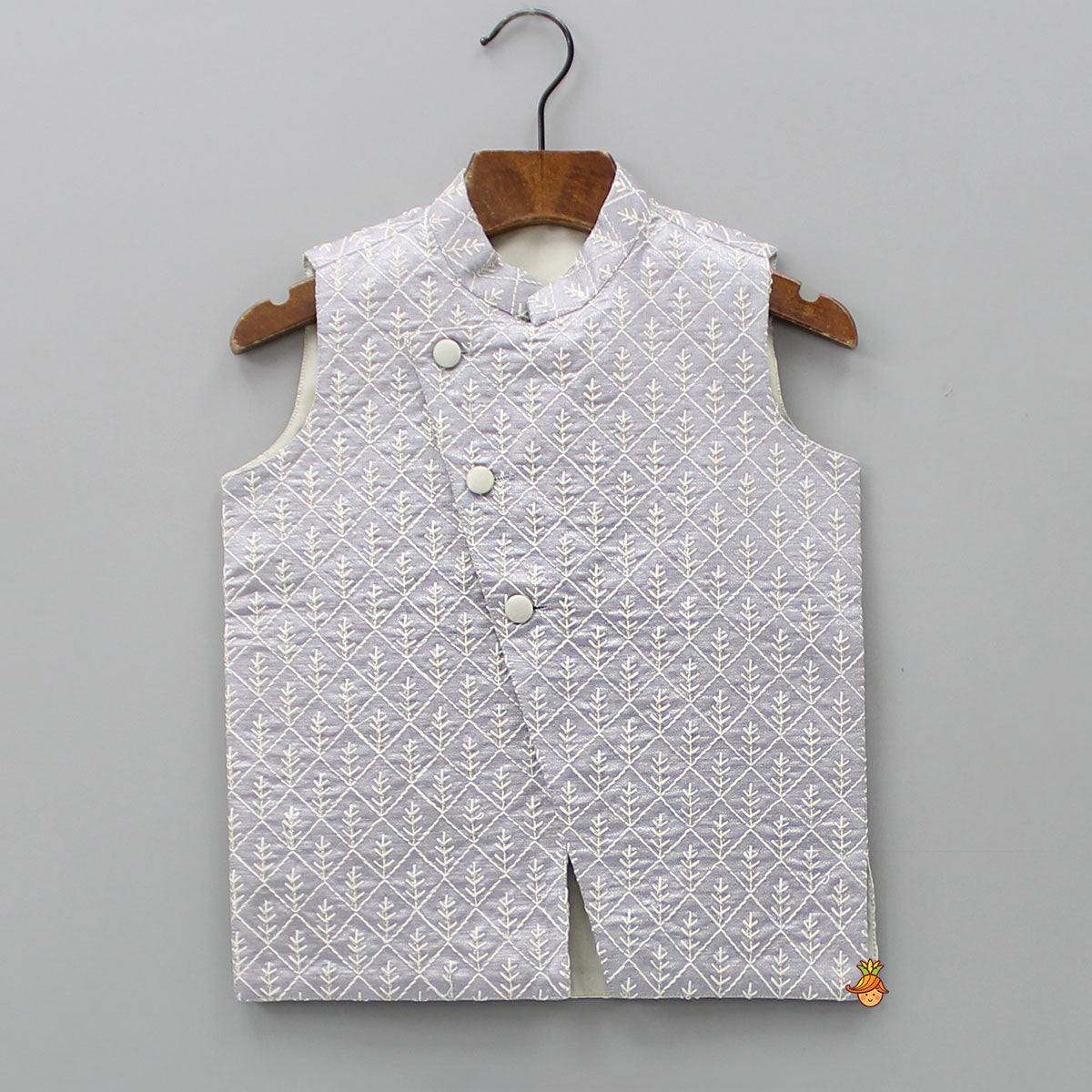 Front Open Thread Embroidered Grey Jacket