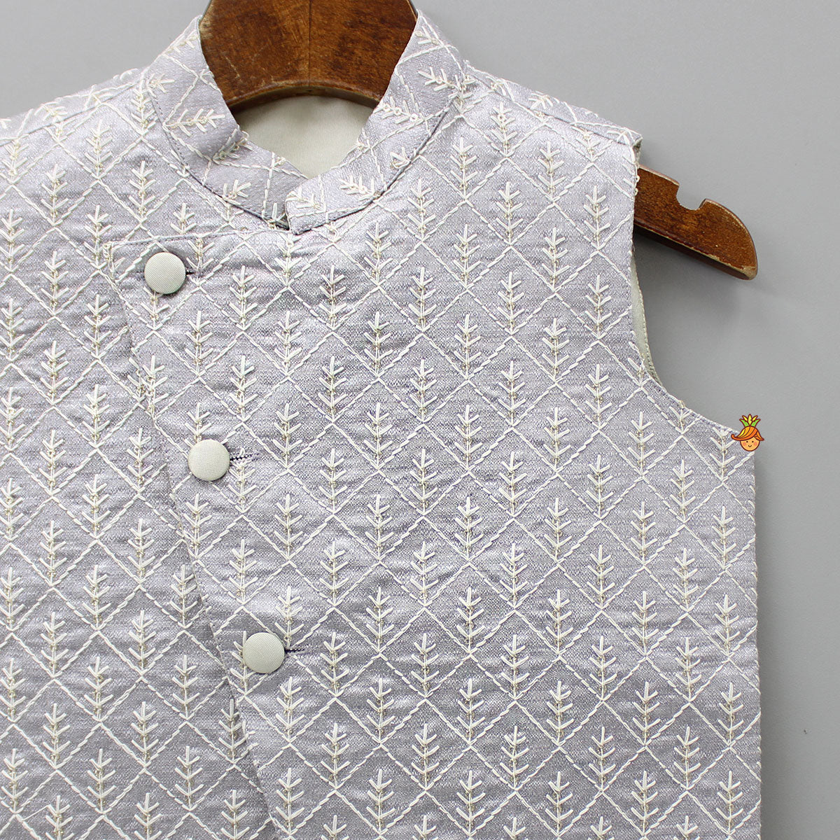 Front Open Thread Embroidered Grey Jacket