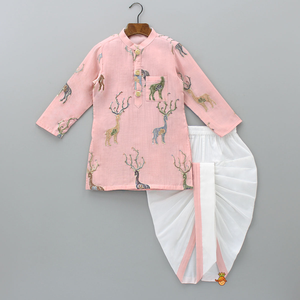 Pre Order: Patch Pocket Detail Embroidered Kurta And Off White Dhoti