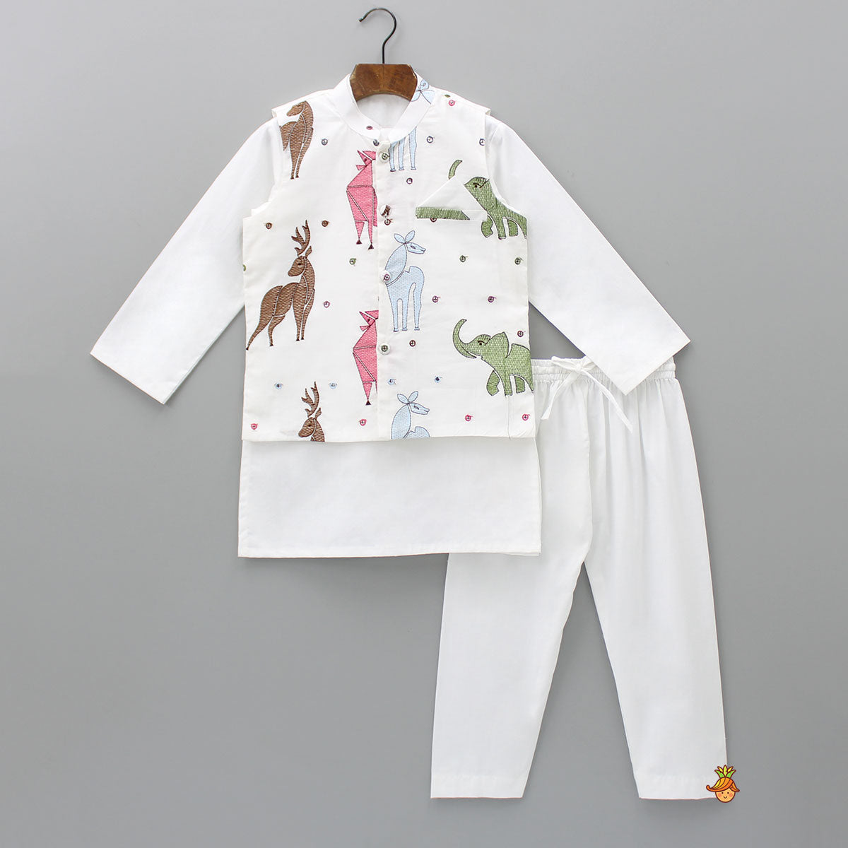 Pre Order: Mandarin Collar White Cotton Kurta With Thread Embroidered Jacket And Pyjama