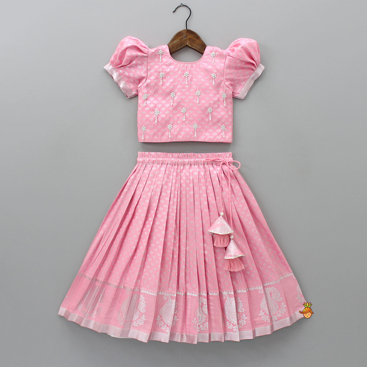 Puff Sleeves Pink Top And Pleated Lehenga With Matching Net Dupatta