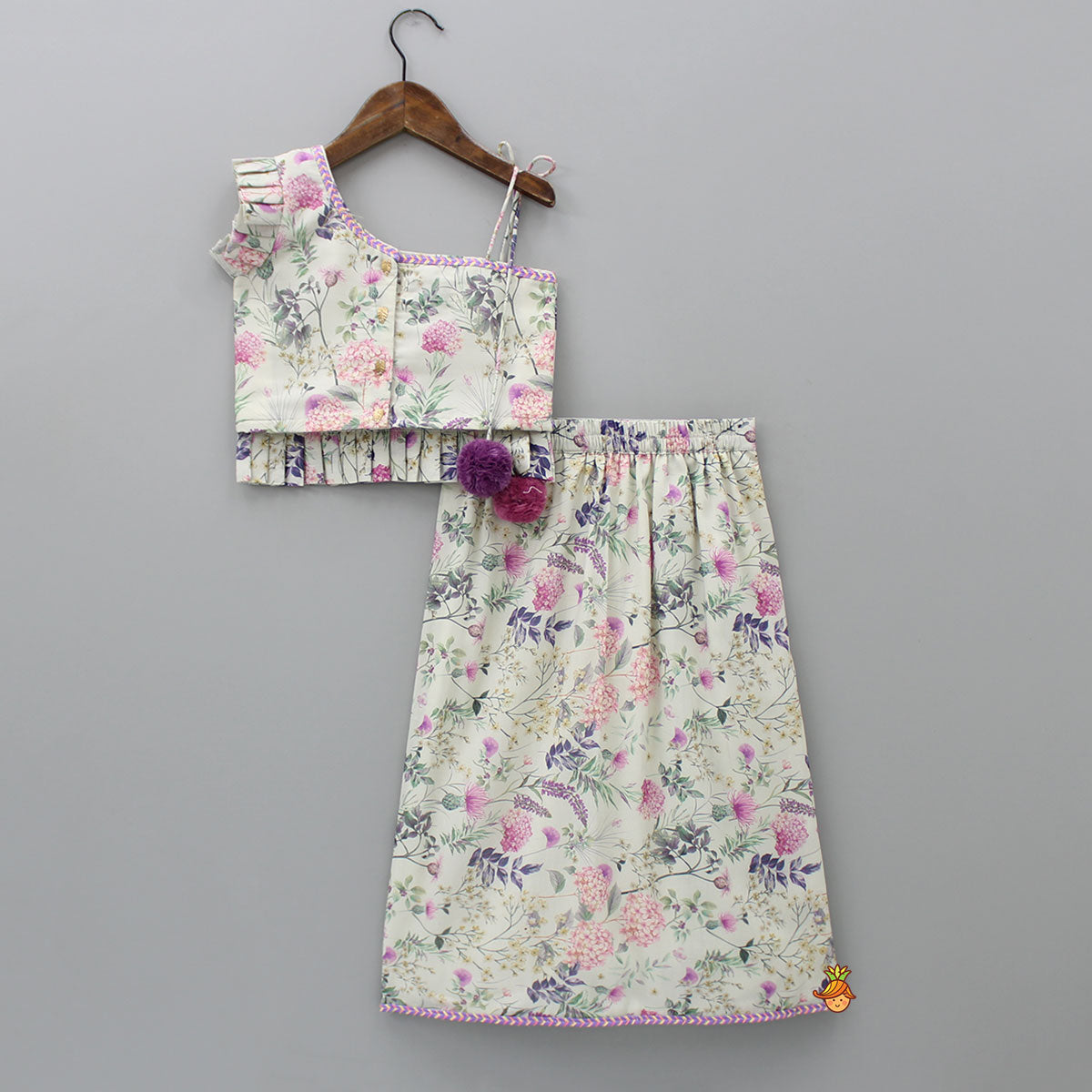 Floral Printed One Shoulder Top And Stylish Front Cut Lehenga With Ruffle Dupatta