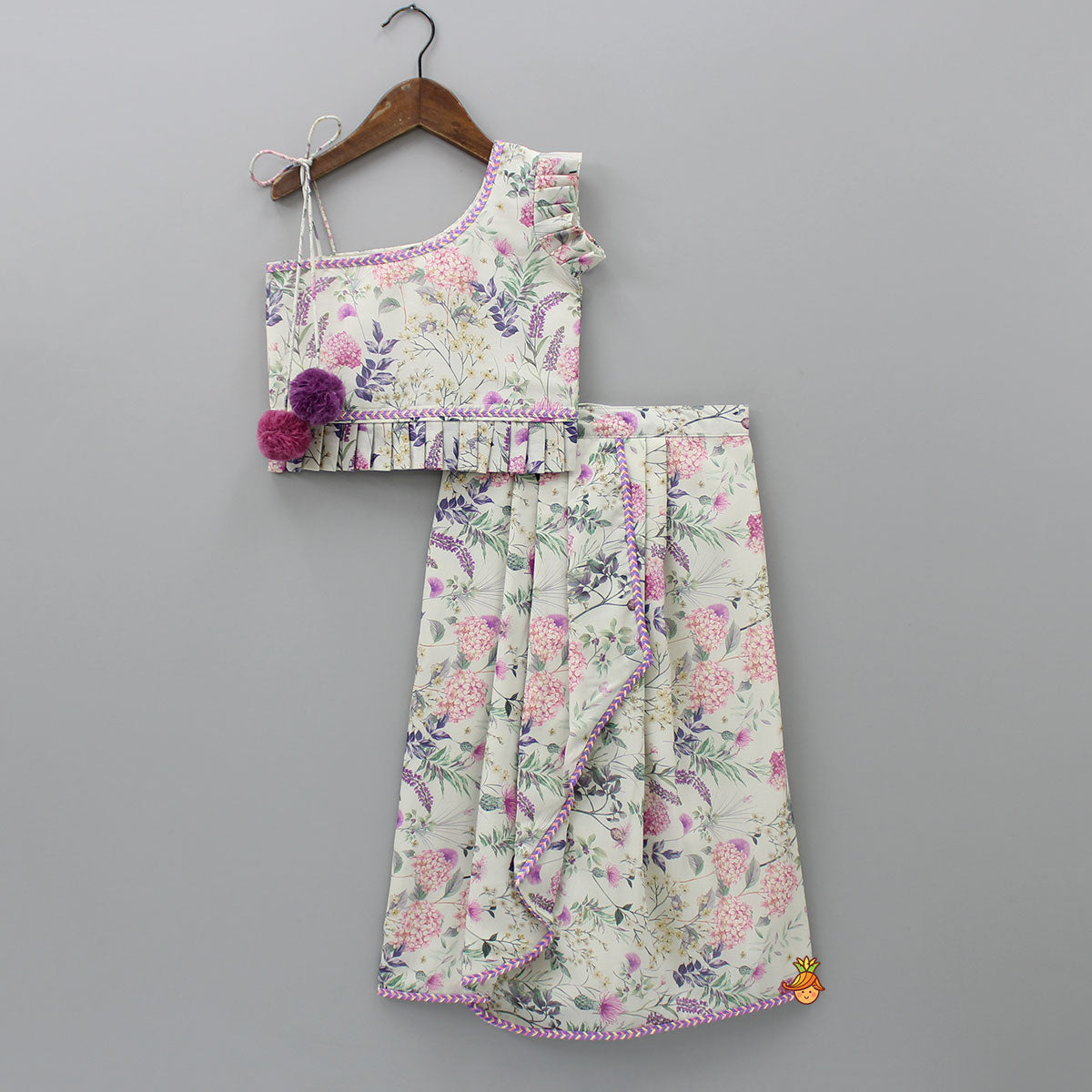 Floral Printed One Shoulder Top And Stylish Front Cut Lehenga With Ruffle Dupatta