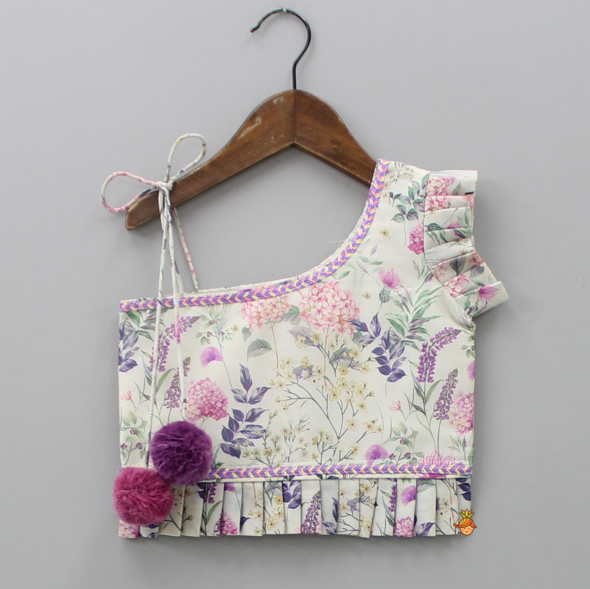 Floral Printed One Shoulder Top And Stylish Front Cut Lehenga With Ruffle Dupatta