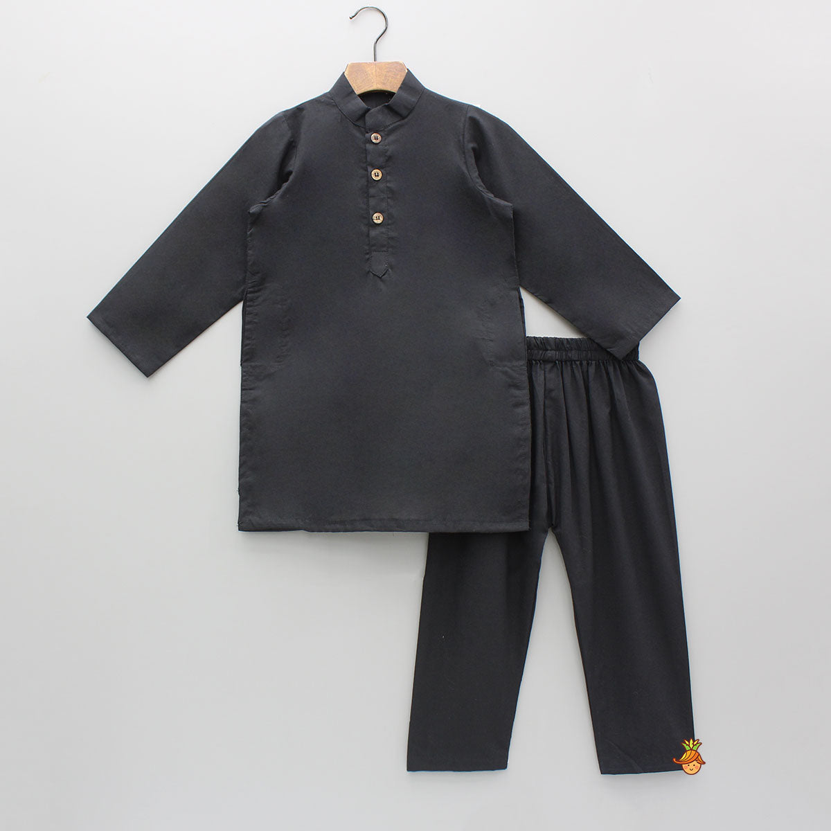 Pockets Detail Black Kurta With Printed Jacket And Pyjama