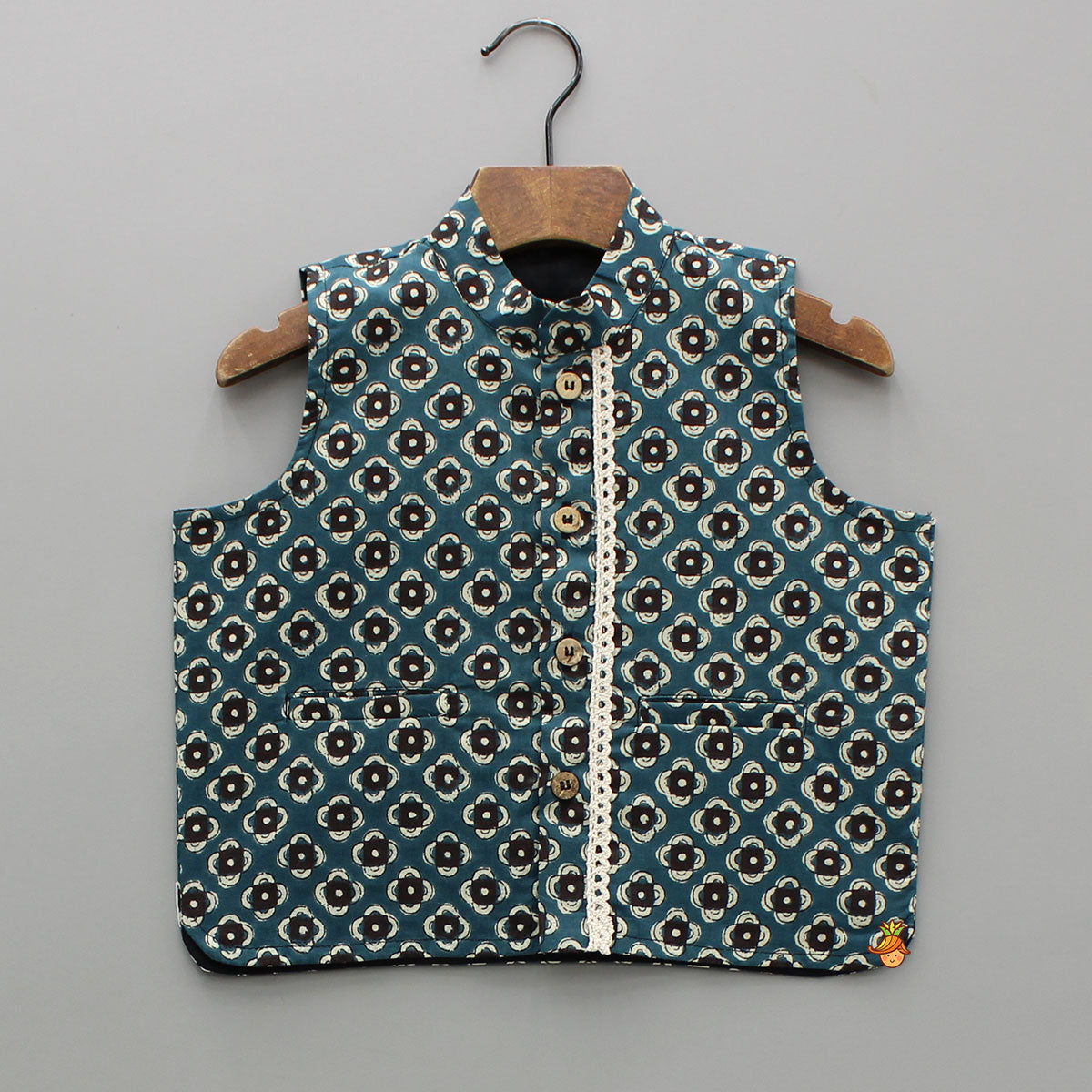 Pockets Detail Black Kurta With Printed Jacket And Pyjama