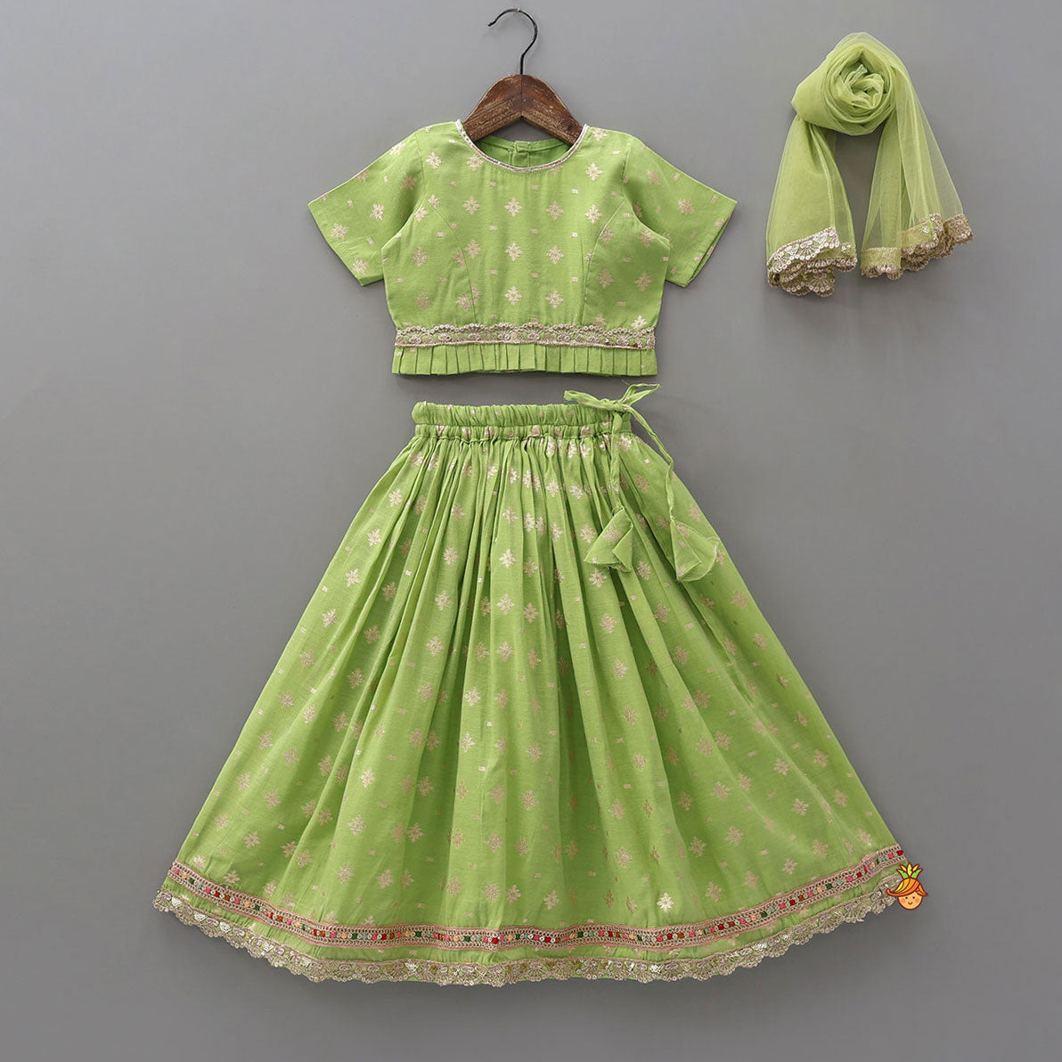 Pleated Hem Green Chanderi Embroidered Top And Lehenga With Net Dupatta