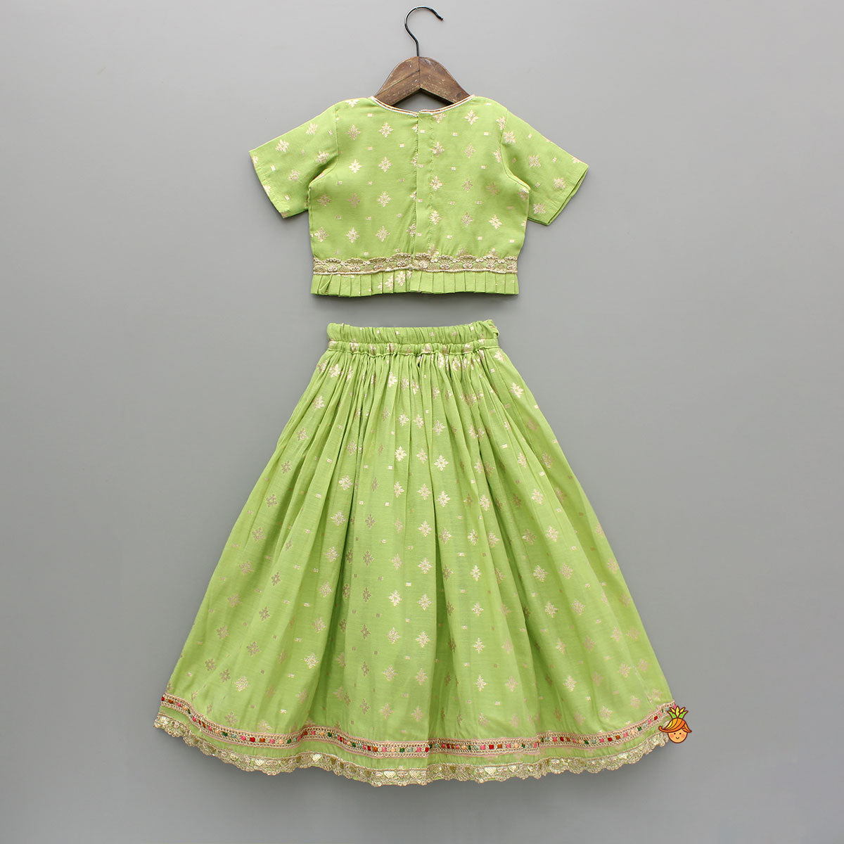 Pleated Hem Green Chanderi Embroidered Top And Lehenga With Net Dupatta