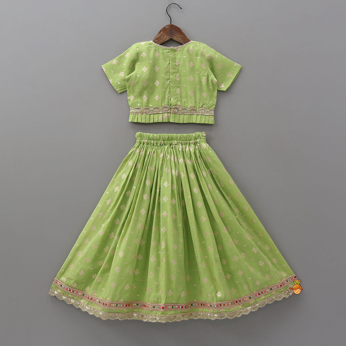 Pleated Hem Green Chanderi Embroidered Top And Lehenga With Net Dupatta