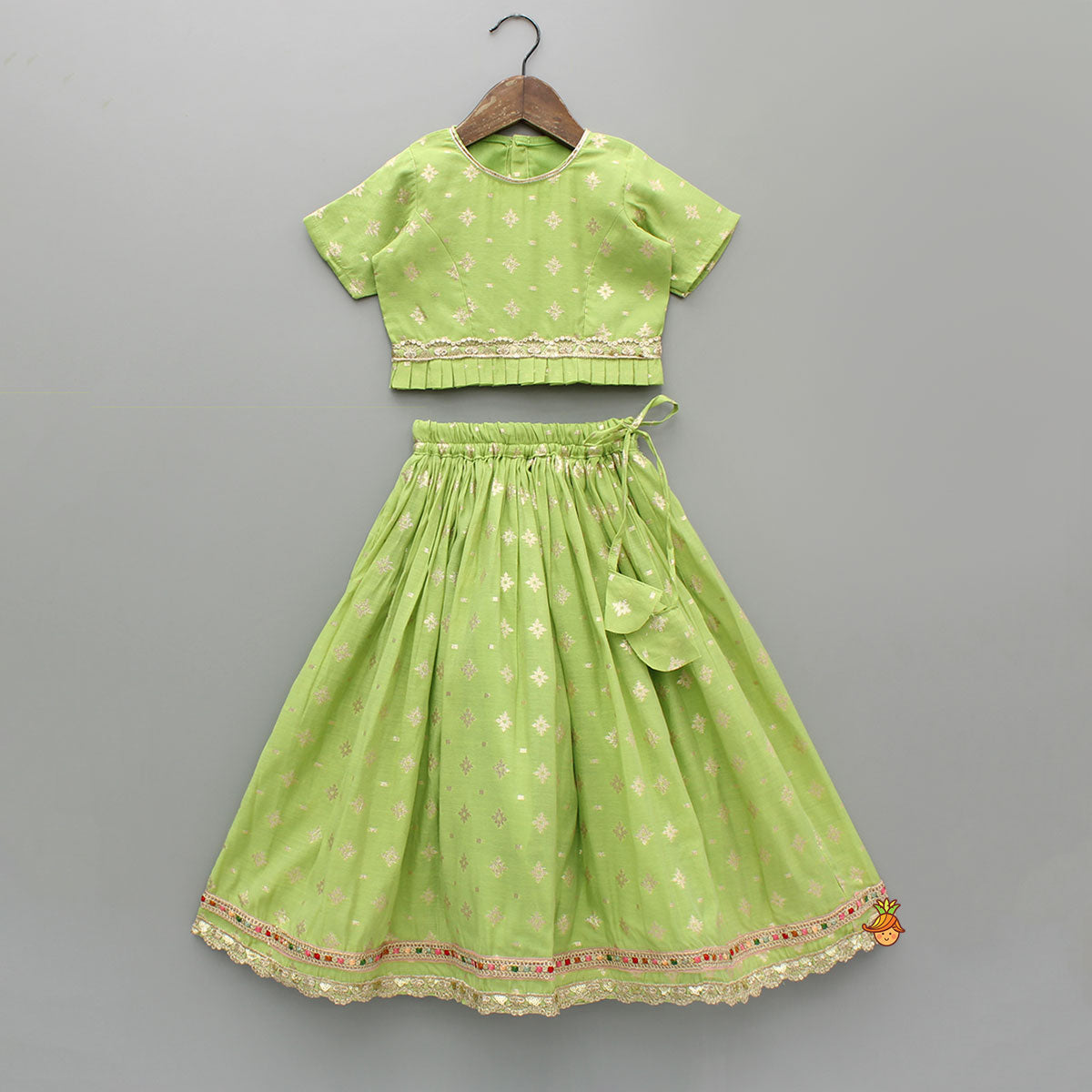 Pleated Hem Green Chanderi Embroidered Top And Lehenga With Net Dupatta