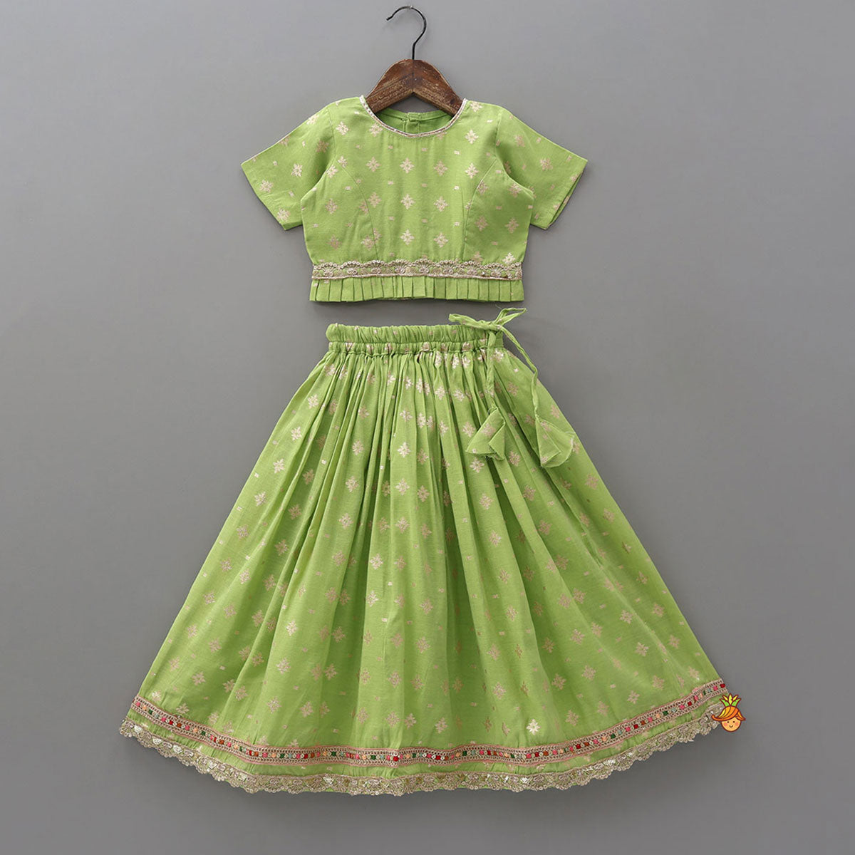 Pleated Hem Green Chanderi Embroidered Top And Lehenga With Net Dupatta